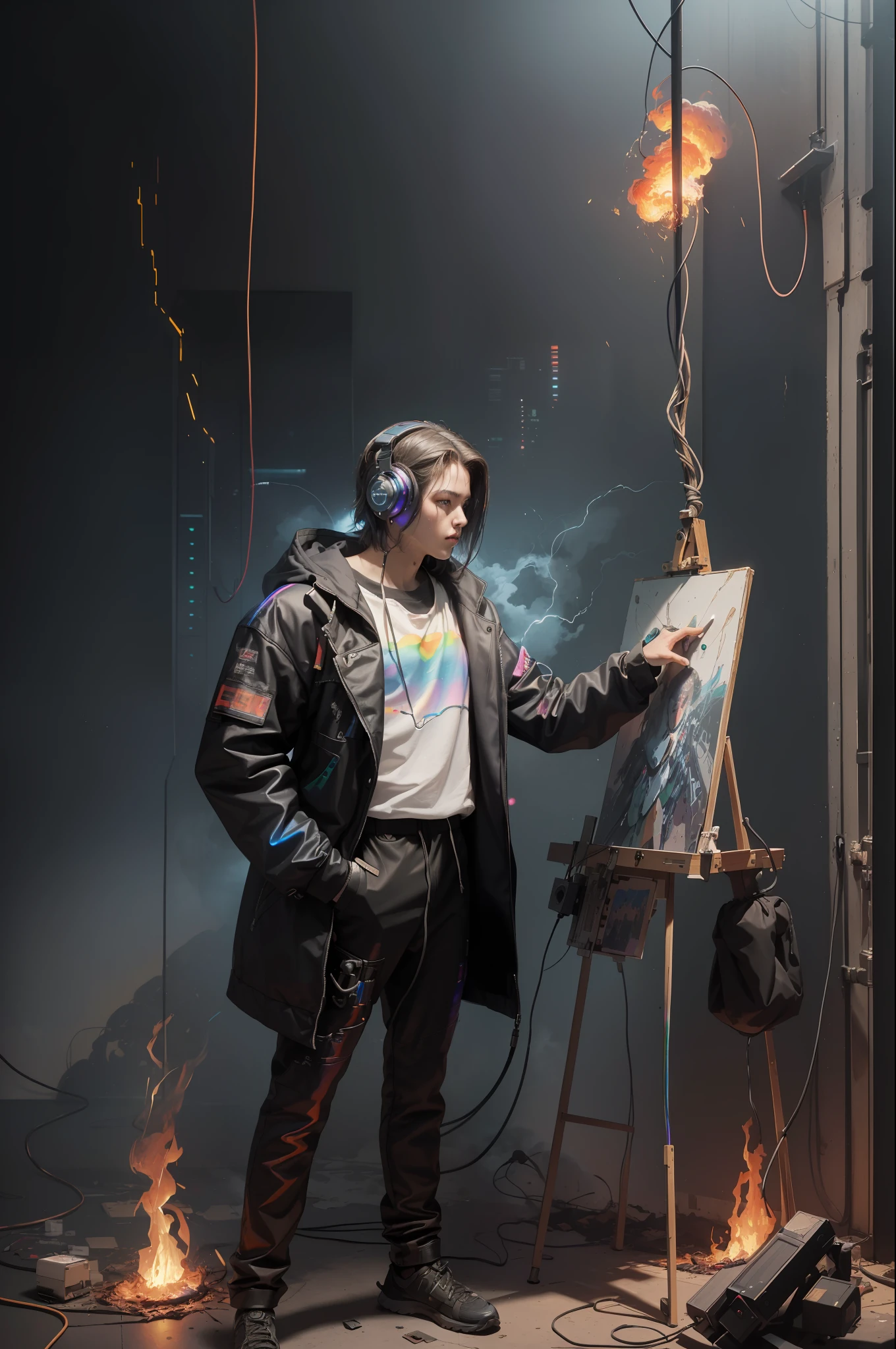 (Masterpiece, Best Quality, High Resolution, Absurd, Detail: 1.2), Humanoid, Robot, Wearing Headphones, Looking Away, (Cyberpunk, Art Canvas, Brush, Easel, Rainbow Color, Holographic: 1.6), [Male], (Cable, Wire, Flame, Fire, Smoke, Overheating, Explosion, Indoor, Room, Simple Background)