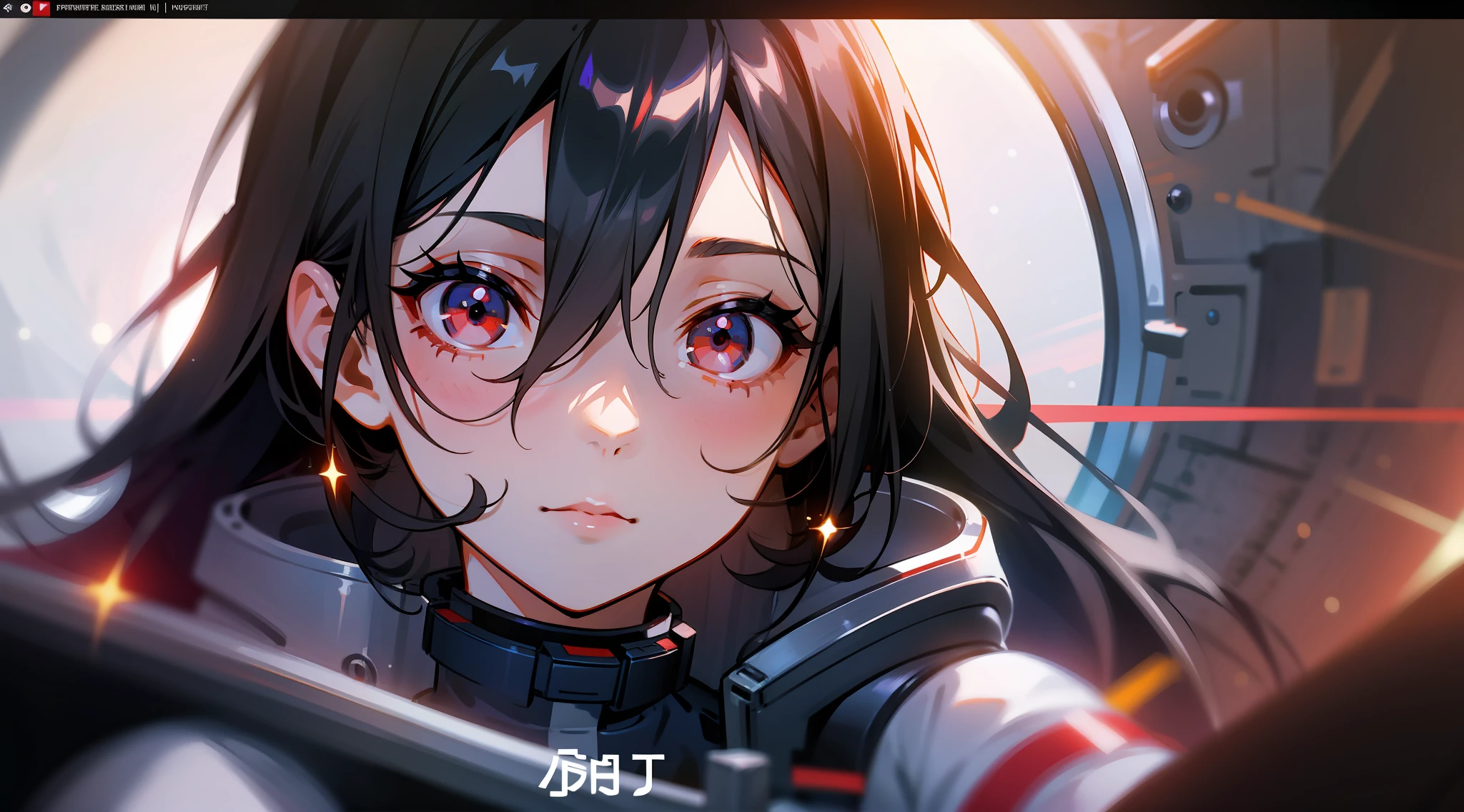 1girl, flat chest, cute, beautiful and detailed eyes, life on the space station, mirror props, shiny hair, visible through hair, hair between the eyes, white monochrome, , Soviet Union, communism, black hair, red eyes, vampires, girl, poor breasts, space suit: blurred foreground, HD, depth of field, bokeh, bust, medium shot, 56mm lens