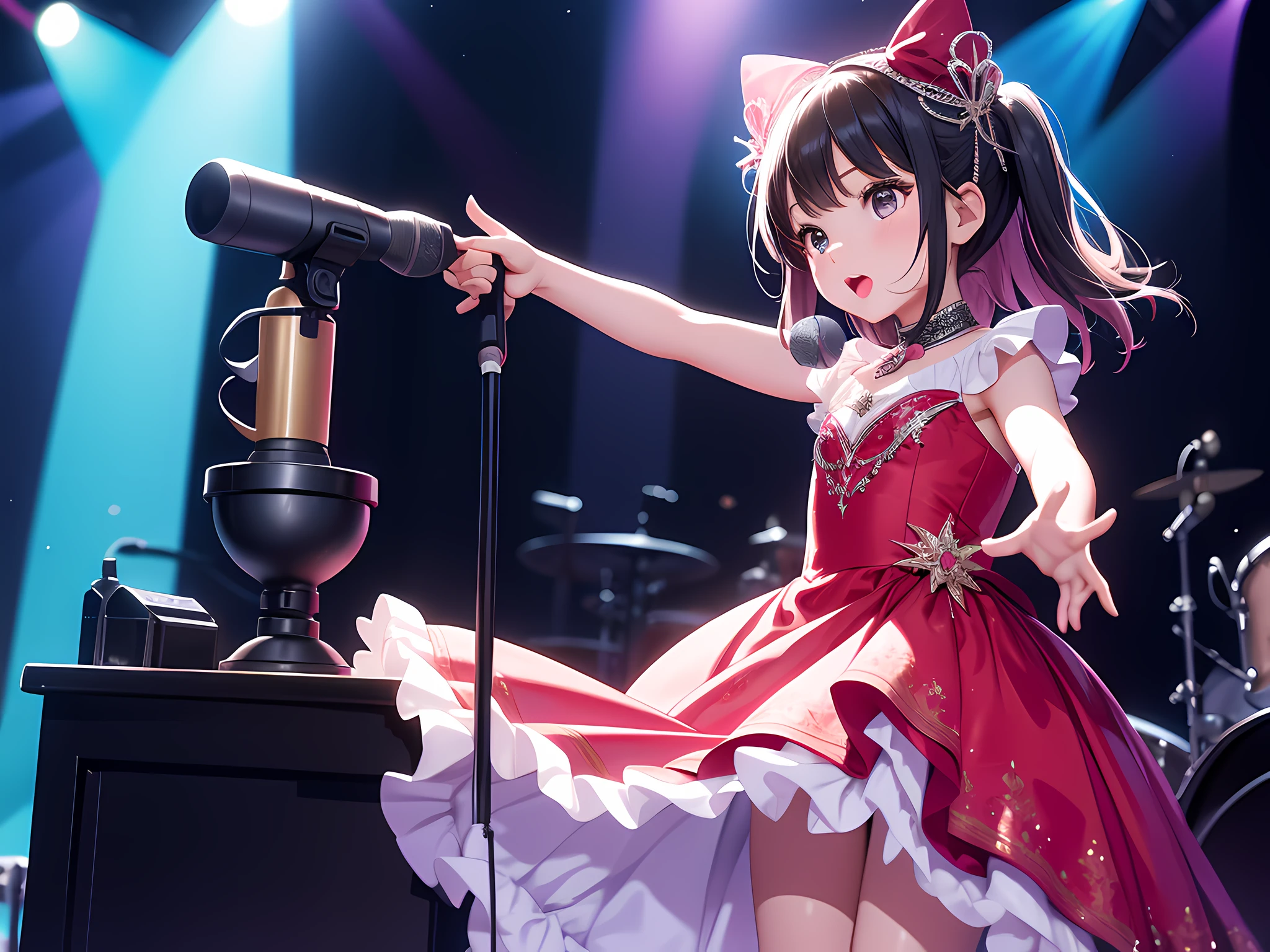 A 4-year-old girl in a gorgeous dress stands on stage with a microphone to perform a show