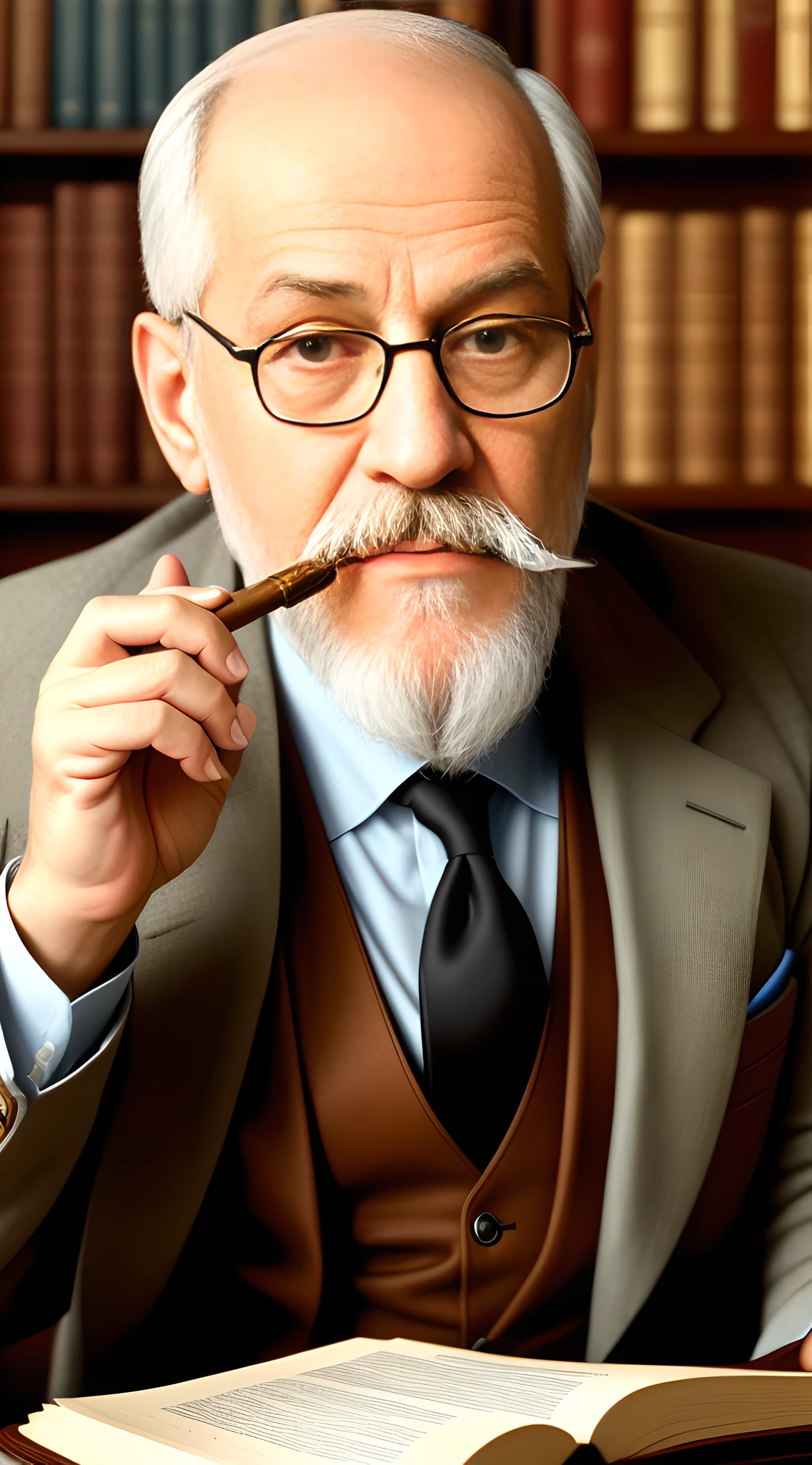 (masterpiece, 8K, UHD, photo-realistic:1.3), Sigmund Freud, engrossed in thought, smoking a cigar, (1920s attire:1.2), well-groomed beard, glasses perched on his nose, detailed study background, overflowing bookshelves, vintage desk lamp, piles of manuscripts, dim lighting, warm colors, intimate atmosphere, extreme close-up, looking at viewer.