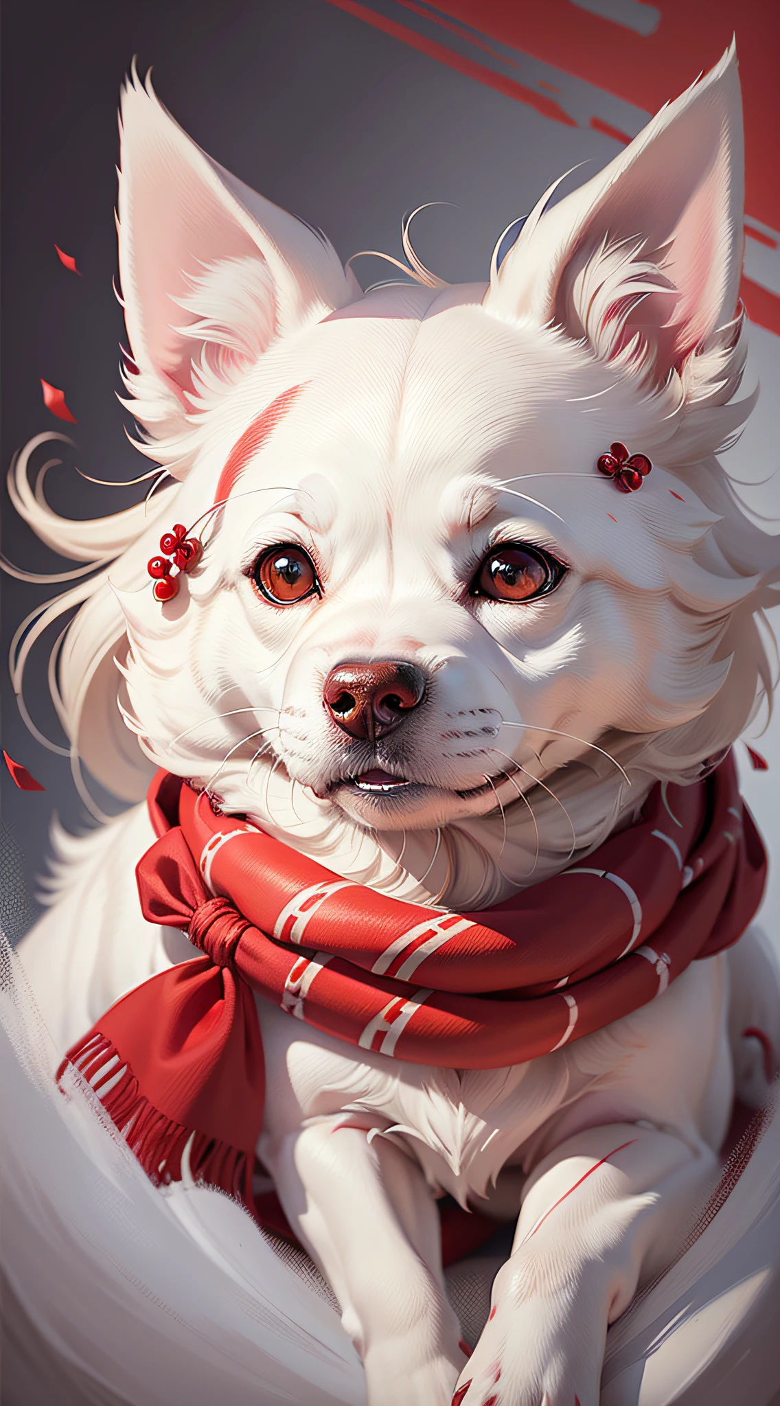 painting of a white dog with a red scarf and a red scarf, a digital painting inspired by WLOP, Artstation contest winner, furry art, adorable digital painting, cute detailed digital art, cute digital art, cute detailed artwork, furry character portrait, kawaii realistic portrait, cute portrait, painting of cute dog, detailed fanart, fursona art, kawaii cute dog