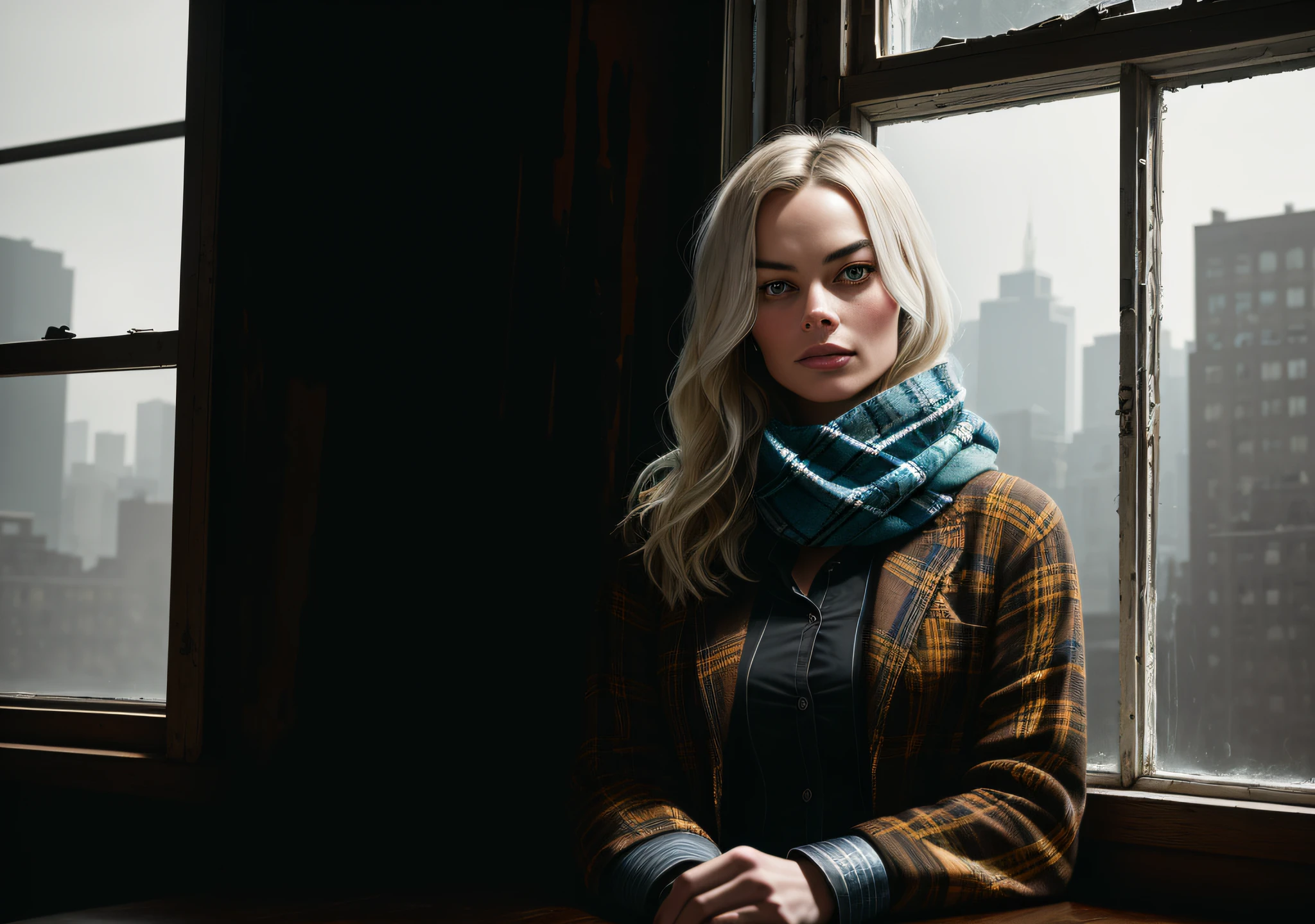 Actress Margot Robbie, dark photo: with the body covered, sitting in an old window, realistic epic, halo portrait, blue eyes, plaid scarf, white hair of Atey Ghailan, of Greg Rutkowski, of Greg Tocchini, of James Gilleard, of Joe Fenton, of Kaethe Butcher, yellow gradient, black, brown and magenta color scheme, grunge aesthetic!!! Graffiti brand wall background, art by Greg Rutkowski and Artgerm, soft cinematic light, Adobe Lightroom, Photo Lab, HDR, intricate, highly detailed, (depth of field: 1.4), faded, (neutral colors: 1.2), (HDR: 1.4), (soft colors:1.2), hyperdetailed, (Artstation:1.4), cinematic, warm lights, dramatic light, (intricate details:1.1), complex background, (Rutkowski:0.66), (blue and orange:0.4)