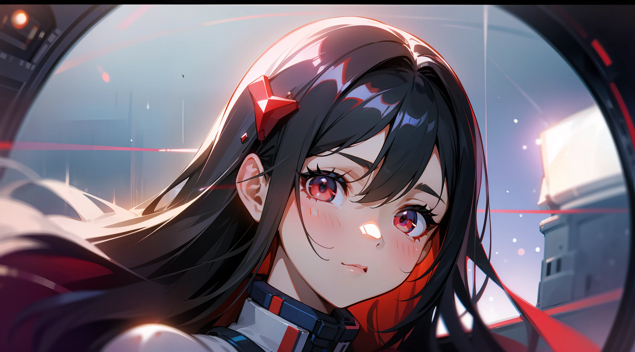 1girl, flat chest, cute, beautiful and detailed eyes, life on the space station, mirror props, shiny hair, visible through hair, hair between the eyes, white monochrome, , Soviet Union, communism, black hair, red eyes, vampires, girl, poor breasts, space suit: blurred foreground, HD, depth of field, bokeh, bust, medium shot, 56mm lens