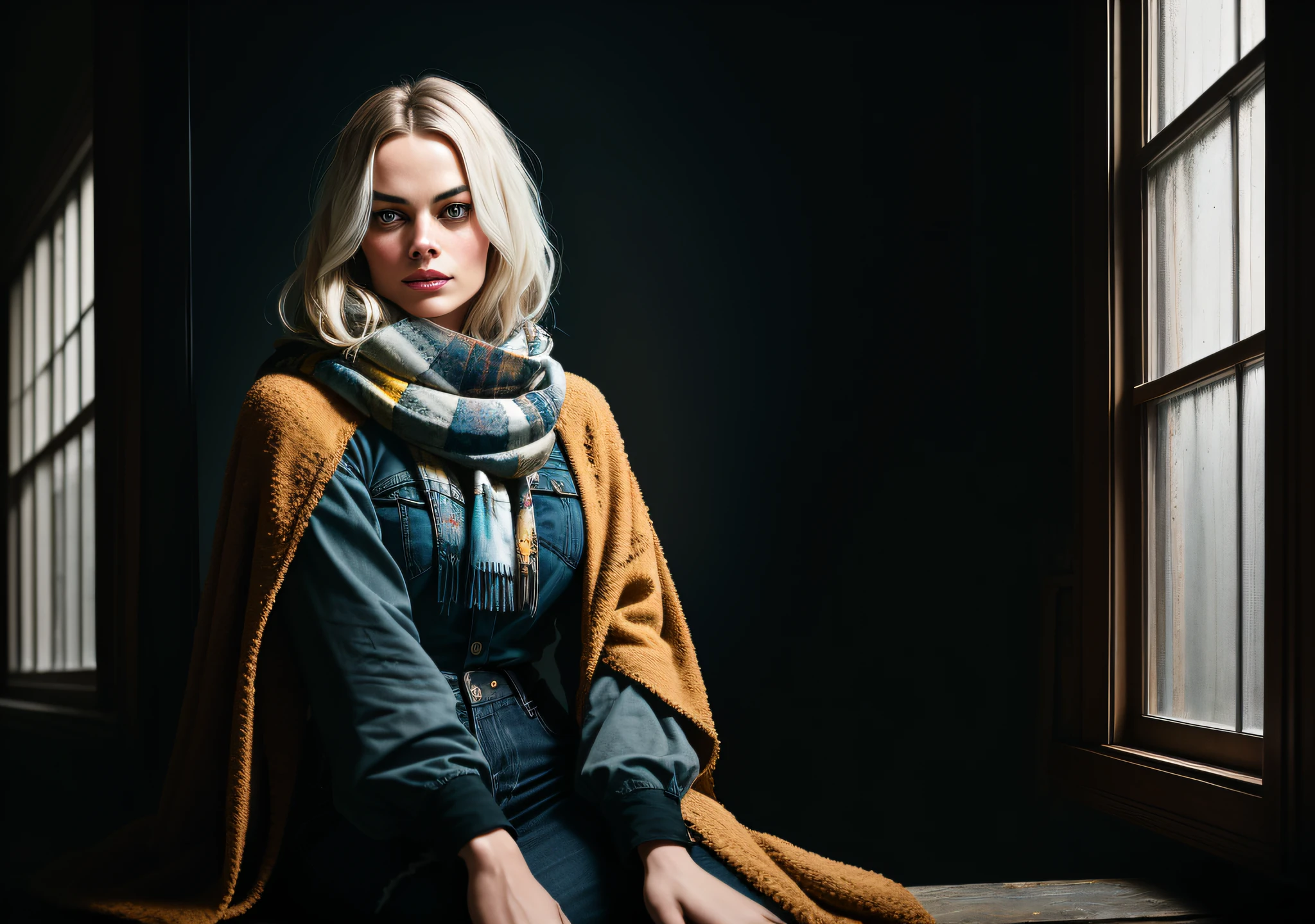 Actress Margot Robbie, dark photo: with the body covered, sitting in an old window, realistic epic, halo portrait, blue eyes, plaid scarf, white hair of Atey Ghailan, of Greg Rutkowski, of Greg Tocchini, of James Gilleard, of Joe Fenton, of Kaethe Butcher, yellow gradient, black, brown and magenta color scheme, grunge aesthetic!!! Graffiti brand wall background, art by Greg Rutkowski and Artgerm, soft cinematic light, Adobe Lightroom, Photo Lab, HDR, intricate, highly detailed, (depth of field: 1.4), faded, (neutral colors: 1.2), (HDR: 1.4), (soft colors:1.2), hyperdetailed, (Artstation:1.4), cinematic, warm lights, dramatic light, (intricate details:1.1), complex background, (Rutkowski:0.66), (blue and orange:0.4)