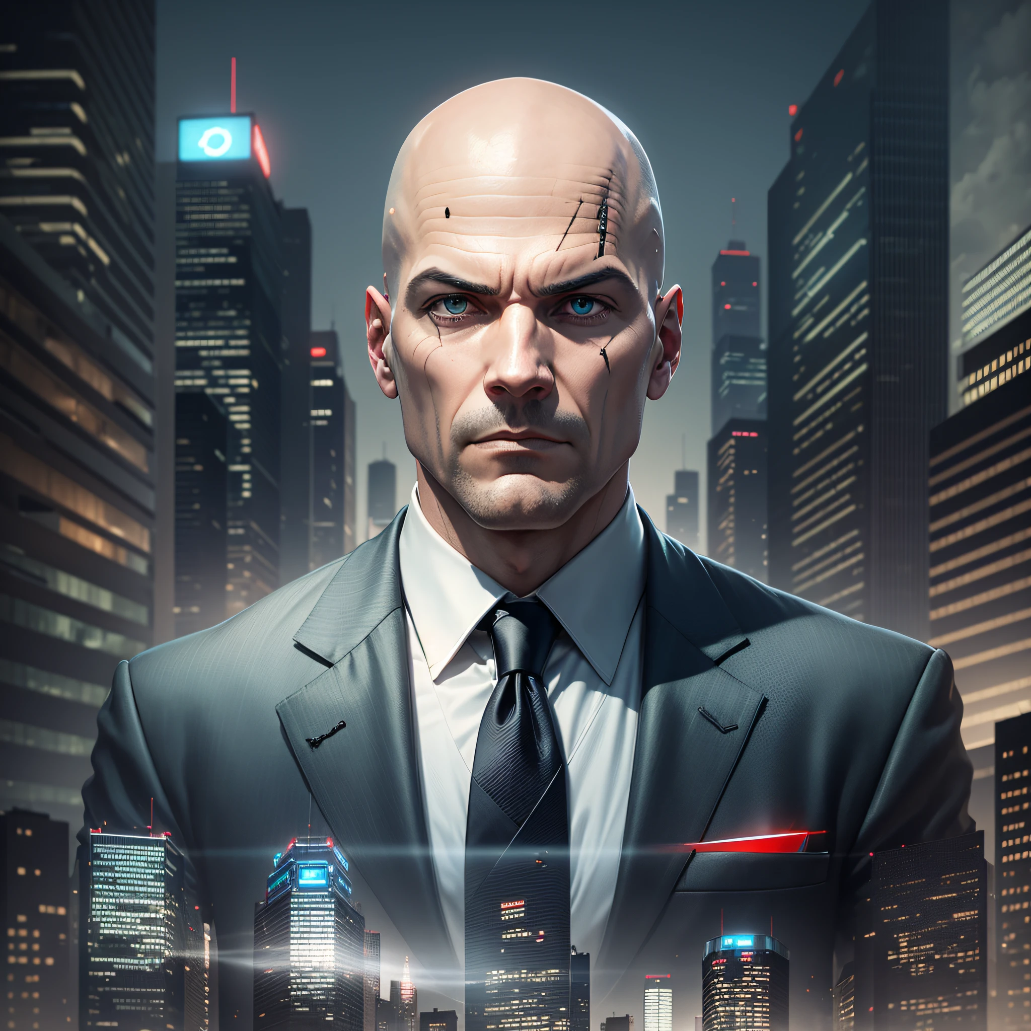 Double exposure image of a bald businessman in a suit hitman cityscape in the background. Generative AI --auto --s2