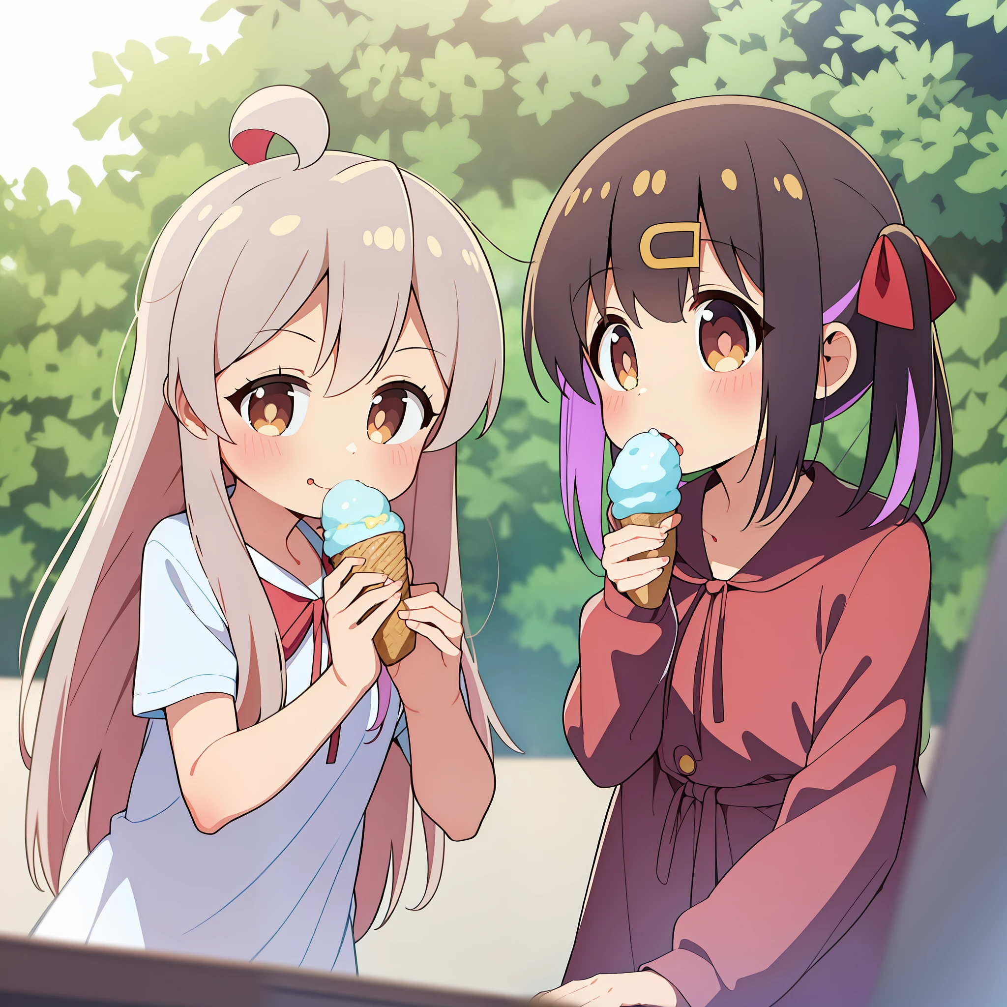 Oyamamahiro, oyamamihari, 2girl, eating ice cream, outside, morning, sunshine