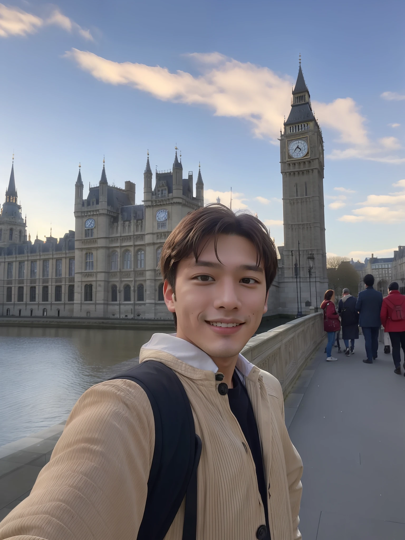 a young man taking a selfie in front of a clock tower, photo taken, handsome, sexy, big eyes, photograph taken, photo, taken with sony alpha 9, london, ( castle in the background )