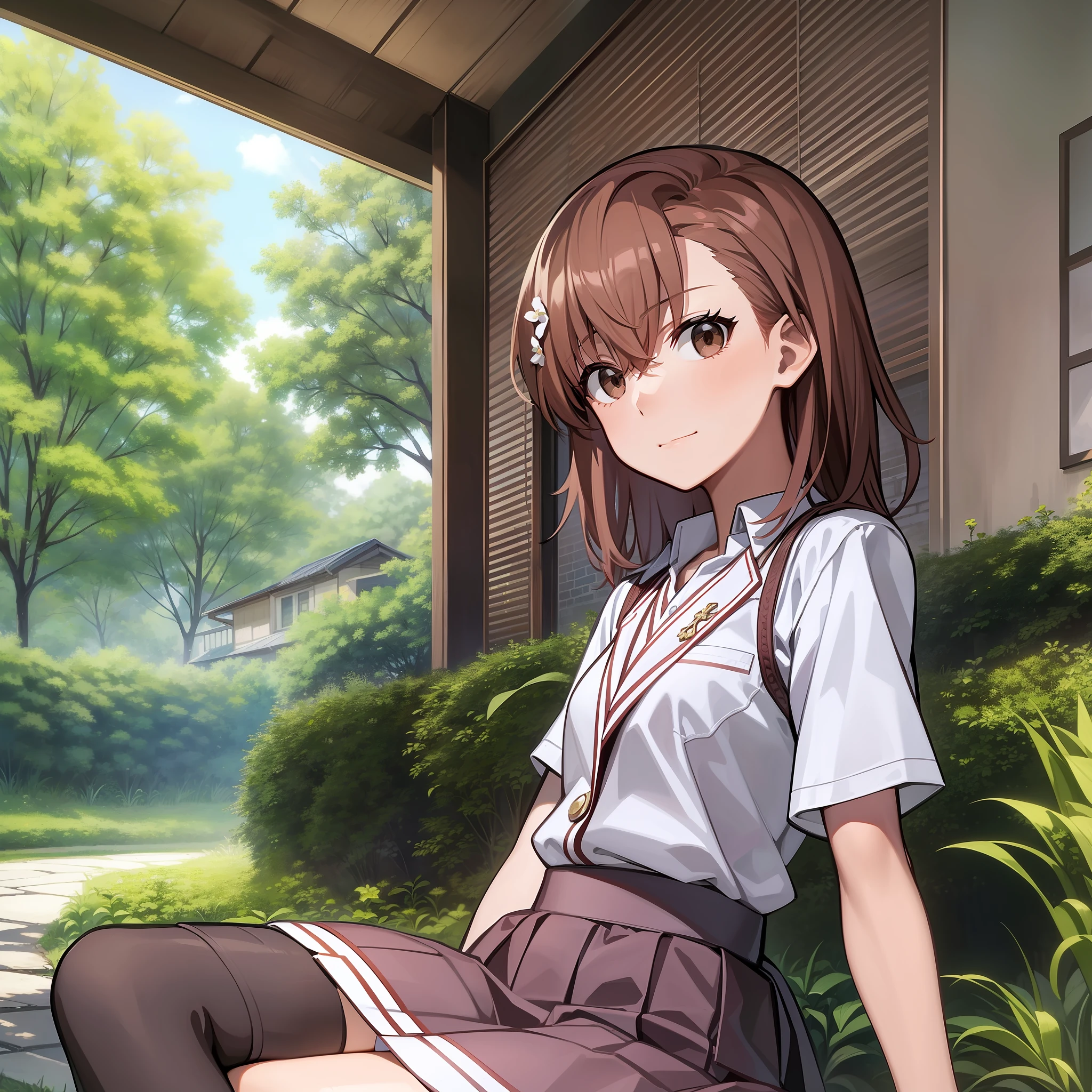 Misaka Mikoto, sitting in a garden, nice environment, super detailed, high quality