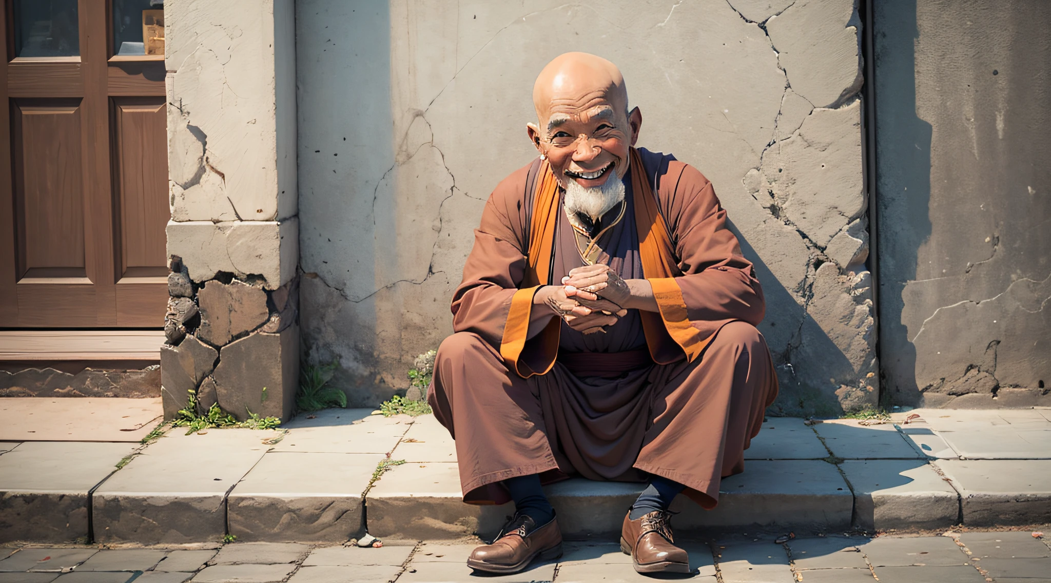 monk bald old man smiling open-mouthed sitting on the sidewalk dressed as a monk --auto --s2