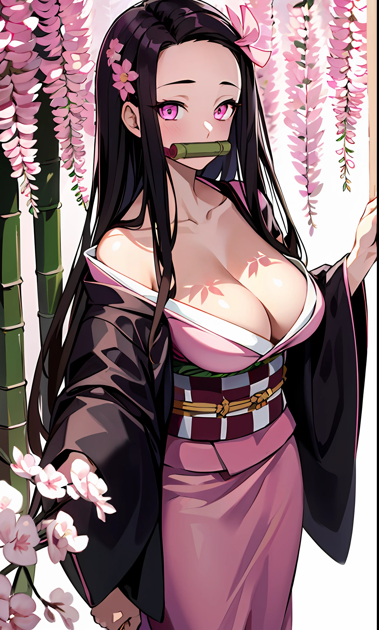 masterpiece, (pink kimono), seductive face, good lighting, décolleté, fine details, masterpiece, glowing eyes, 1girl, black hair, gag, bamboo, Nezuko Kamado, wisteria background, masterpiece, best quality, POV, whole body, wide hips,