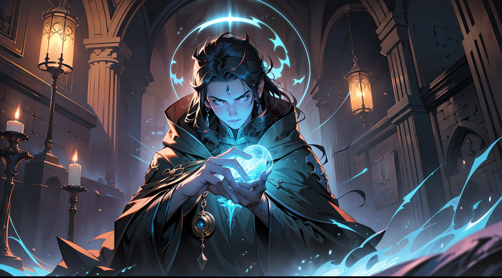 (Ultra detailed), (masterpiece), (best quality), (very detailed CG unit 8k wallpaper), a shadowy necromancer in his lair, (male), ((visible magical aura)), (((upper body))), dim light, soft light, concept art, dimly lit, forbidden magic accessories, cinematic, highly detailed, stylized wallpaper --auto --s2