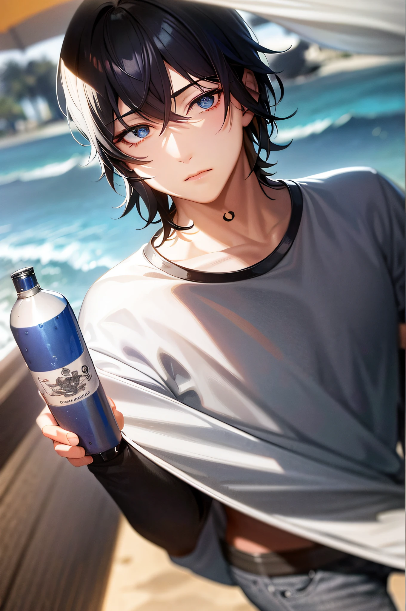 a male, An exquisitely detailed and beautifully rendered CG artwork featuring the epic, blue-eyed protagonist Gojou Satoru gazing directly at the viewer while standing at the sea background, Damage T-shirt, above the waist, blue pants, (Blue wave:1.2), (beach:1.2), ((black hair:1.2)), (Bottle in hand:1.2), styled with a captivating hairdo, accentuated with bangs and hair between eyes, highlighting his distinctive and stylish black and short hair, This dynamic composition expertly showcases his strong male focus, in a manner that captivates and intrigues viewers