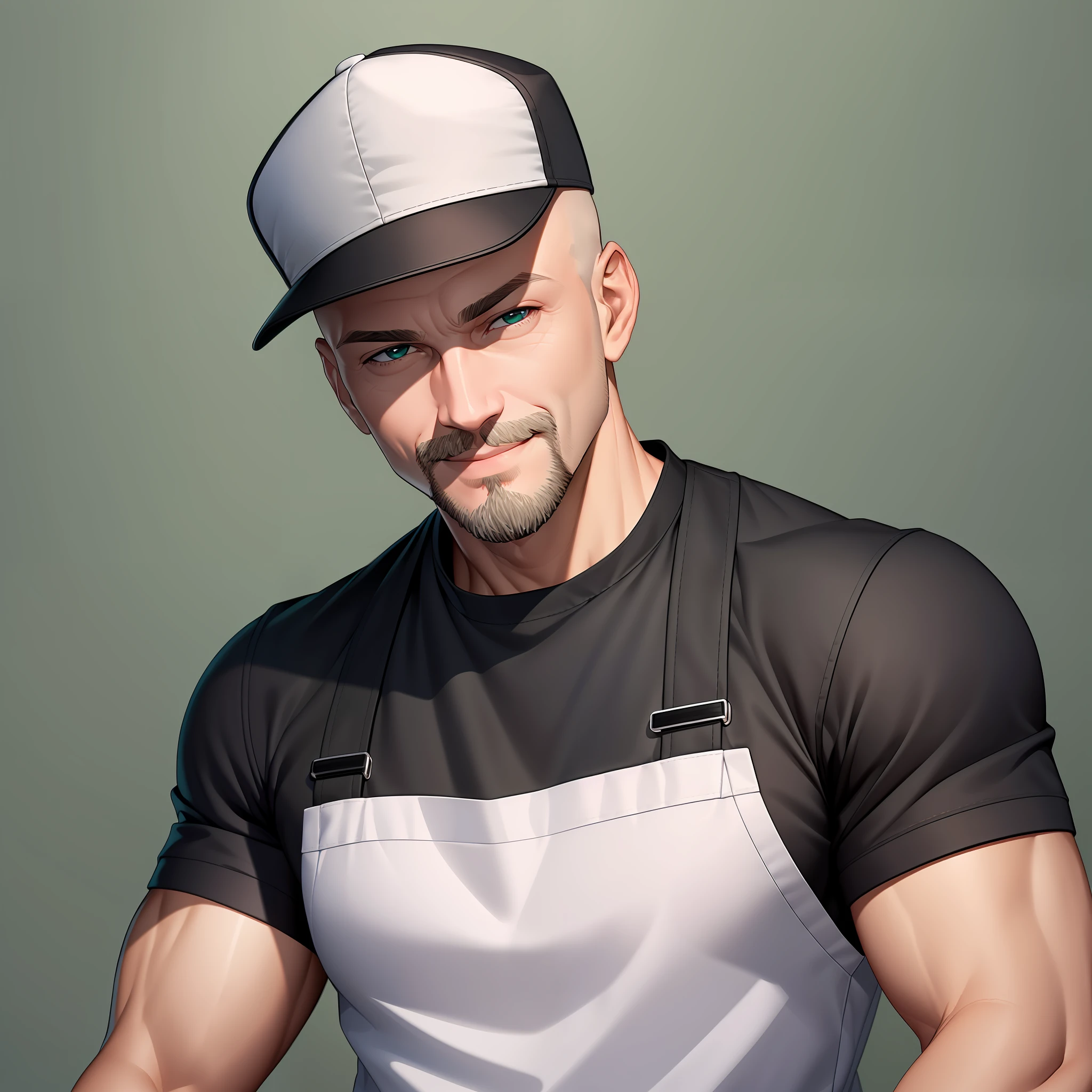 Best quality, realistic, award-winning illustration, (complicated detail: 1.2), (fine detail), (complicated detail), (cinematic lights, best quality), sharp lines, sharp focus, official art, 16k, on a white background, (A man with a smiling face: 1.3), a playful young boss, there is a man with bald head without beard, (bald short-bearded: 1.3), bald head and smiling look, without beard, about 35 years, (38 years), men of 45 years, without completely bald hair, (short goatee: 1.3), (face with fine details of wrinkles: 1.2), (details of the aged face: 1.2), (without beard: 1.3), (normal body without muscles: 1.3) (without muscles: 1.3), pronounced male characteristic, flirting with the camera. wearing black apron uniform with green, wearing cap, black cap and green details, wearing jeans, man posing for a photo, showing his full body --auto --s2