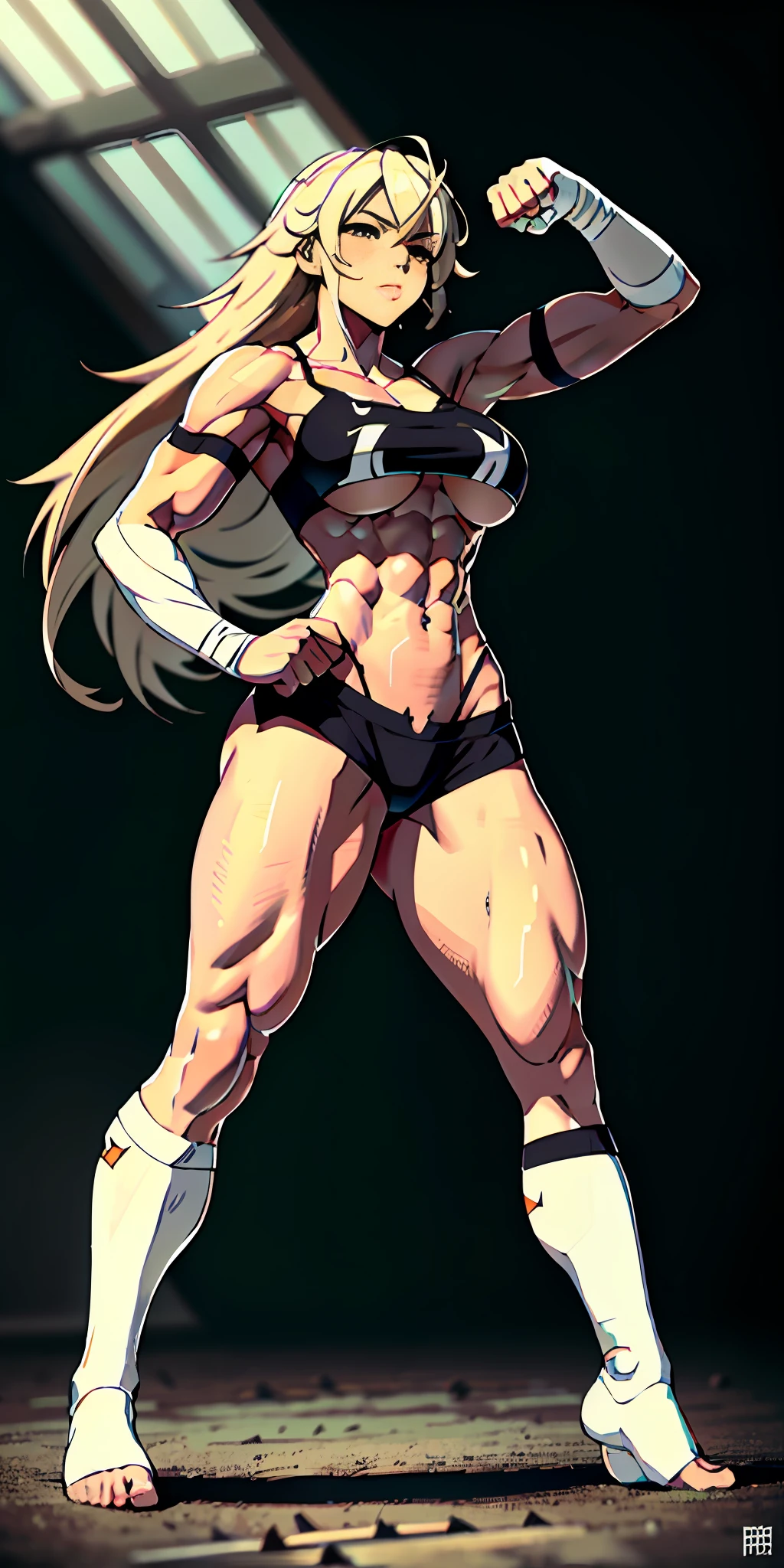anime waifu bodybuilder, beautiful face, green eyes, scar on left eye and nose, perfect body, fit body, looking at the viewer, posing with strong arms, sawed fist, closed fist, abdomen, large breasts, muscular, ((hair) long and blonde), sarashi white chest, sarashi, underboob, breasts bandages, arm bandages (insanely detailed, beautiful detailed face, masterpiece, best quality), (looking disgusted), konosuba, character A2, (white and torn bandages on the arms and legs), image taken from below, focus on the legs, high quality, white light clothing, punches in the air, sweat splattering, ((soccer player) goalkeeper) defending, soccer ball