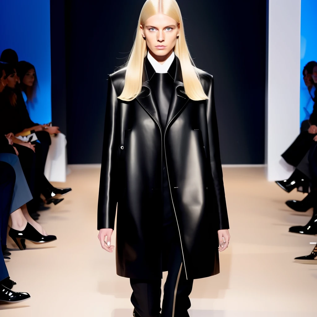 A blonde woman, walking on catwalk, parading, wearing balenciaga clothes, tall blonde, black clothes, mud catwalk, low light
