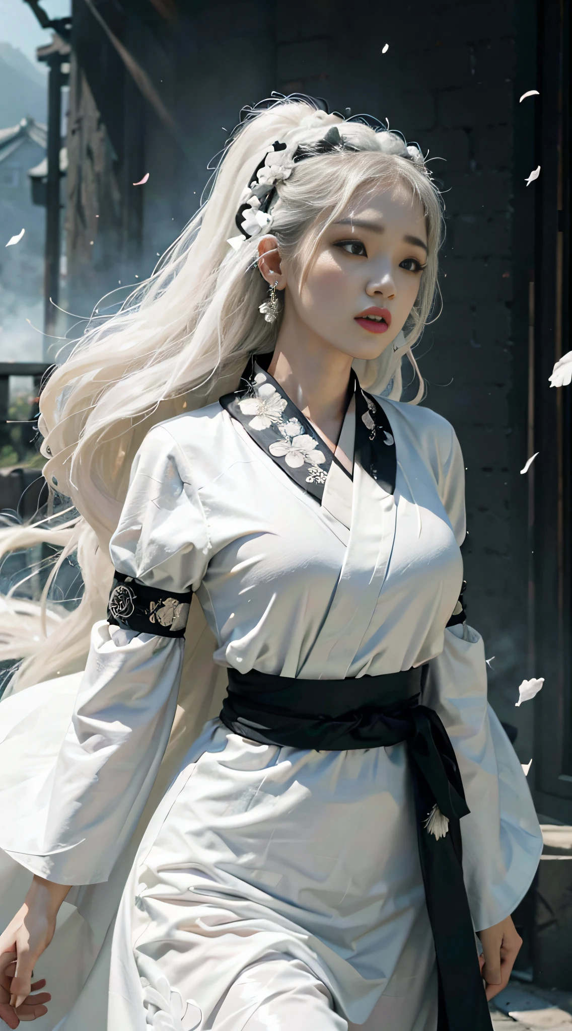 A girl, black and white Hanfu, black embroidery, white ponytail long hair, long hair flowing, white hair, white veiled scarf, face scarf fluttering in the wind, fringed hair ornaments, peony, ancient style, wide robe with big sleeves, dynamic pose, dramatic composition, petals falling, red belt, ancient architectural background, complex background, cloud and mist entanglement, fairy background, cloudy fog, movie lighting,