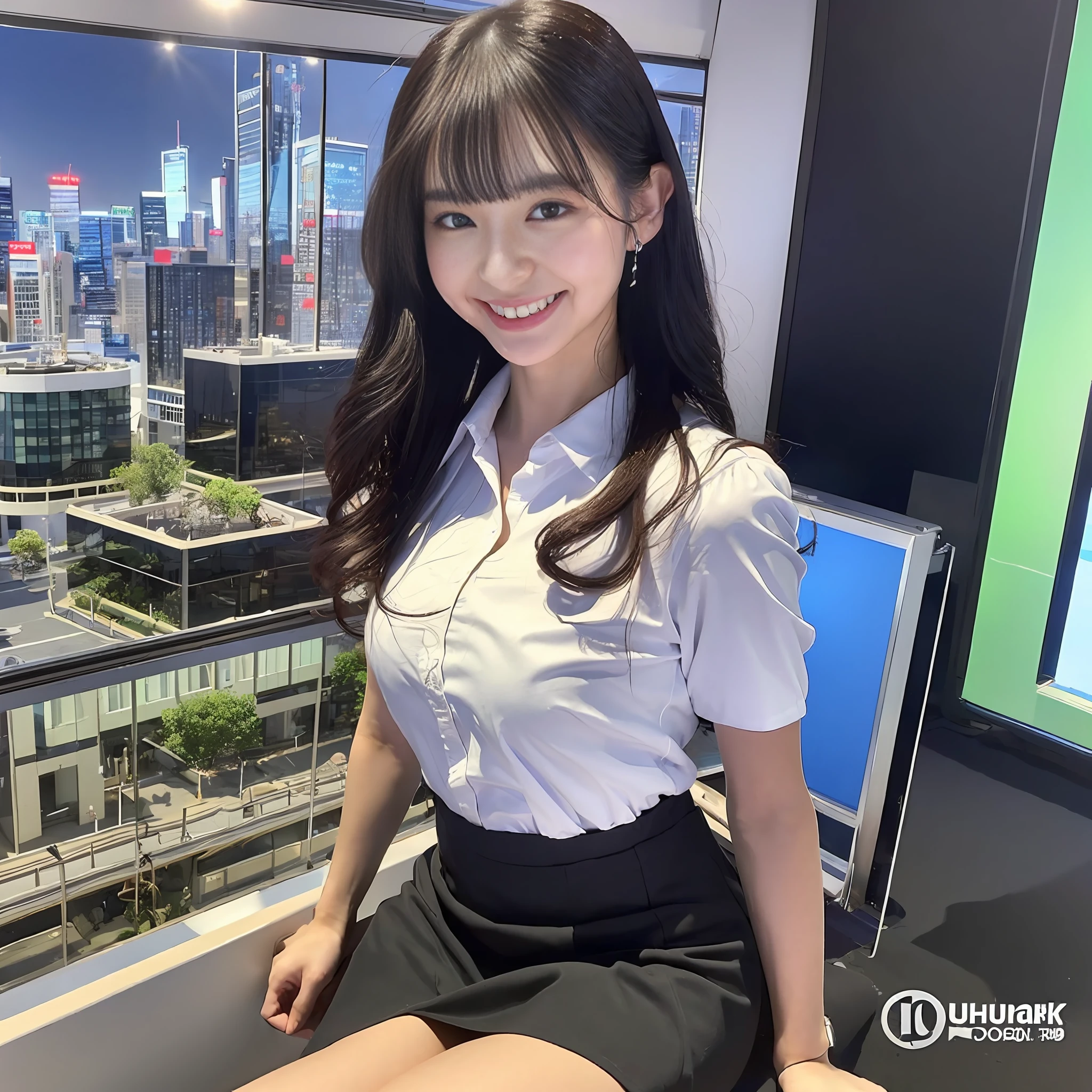 ((Best quality, 8k, Masterpiece :1.3)), Sharp focus :1.2, 1girl, (Japanese announcer with perfect body), black long hair, big breasts, smile, shirt, mini-skirt, TV studio, weather news, very large display showing city landscape, sitting on chair, Highly detailed face and skin texture, ohshimarinon,