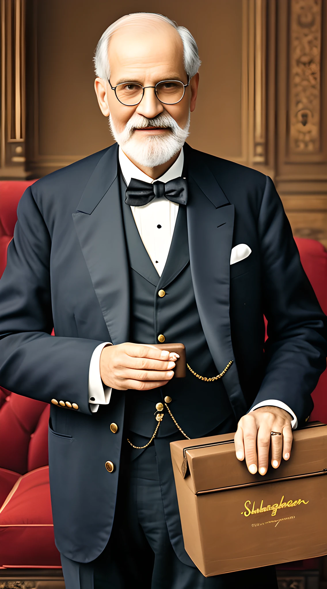 (masterpiece, 8K, UHD, photo-realistic:1.3), Sigmund Freud, looking pleased, (holding a box of cigars:1.4), (early 20th-century attire:1.2), round spectacles, pocket watch chain, backdrop of an antiquated room, high-ceilinged, panelled walls, framed pictures, soft daylight, warm colors, relaxed atmosphere, looking at viewer, smiling subtly.