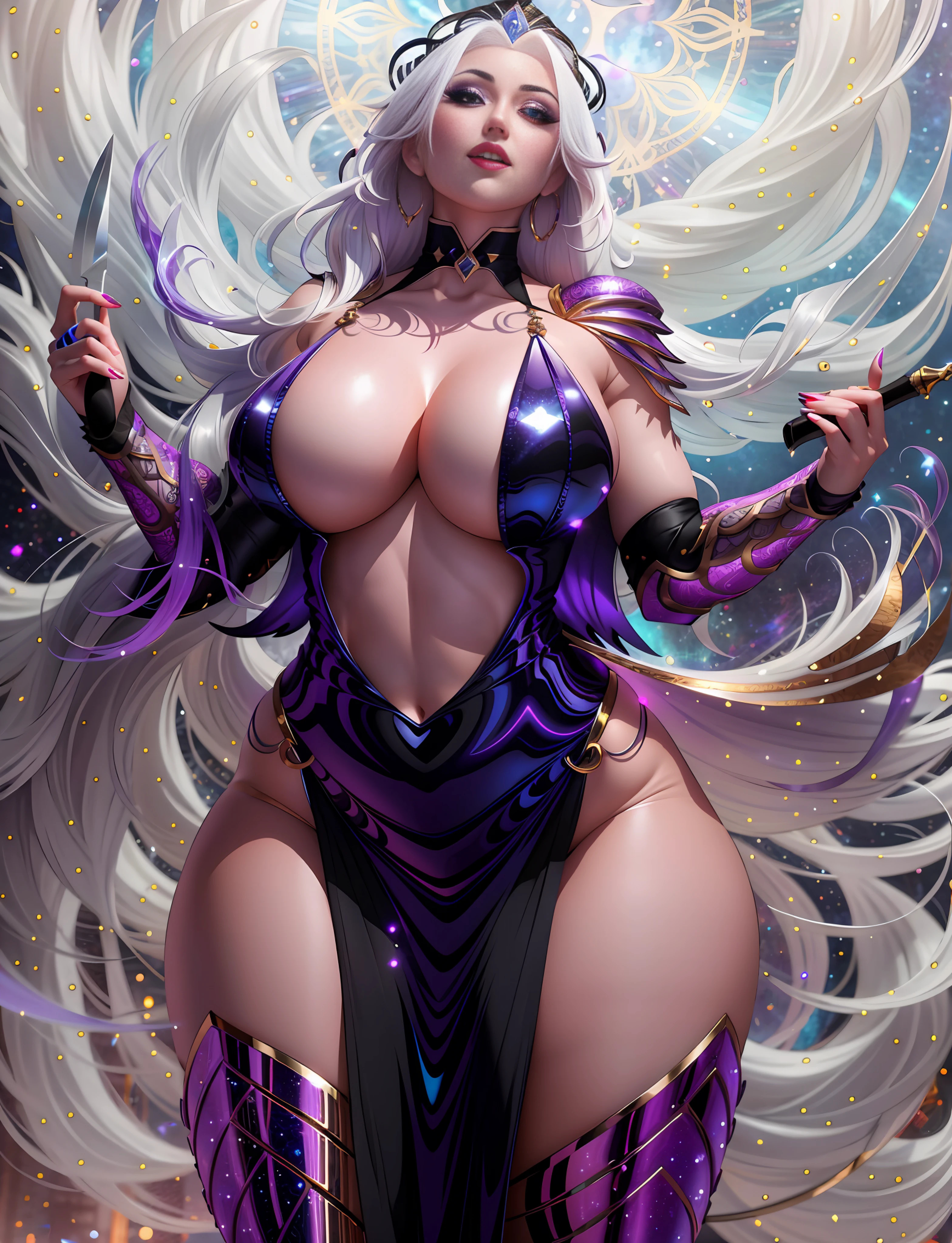 arafed woman in a sexy short black and purple outfit holding a knife, thicc, mighty plump sexy female sorceress, sexy goddess. extremely high detail, galactic sized goddess, extremely detailed goddess shot, wlop and rossdraws, cinematic goddess body shot, rossdraws 1. 0, wlop rossdraws, commission for high res, rossdraws 2. 5, white skin, no bra, white hair, cleavage, wide hip. thick thigh, sexy, love eyes