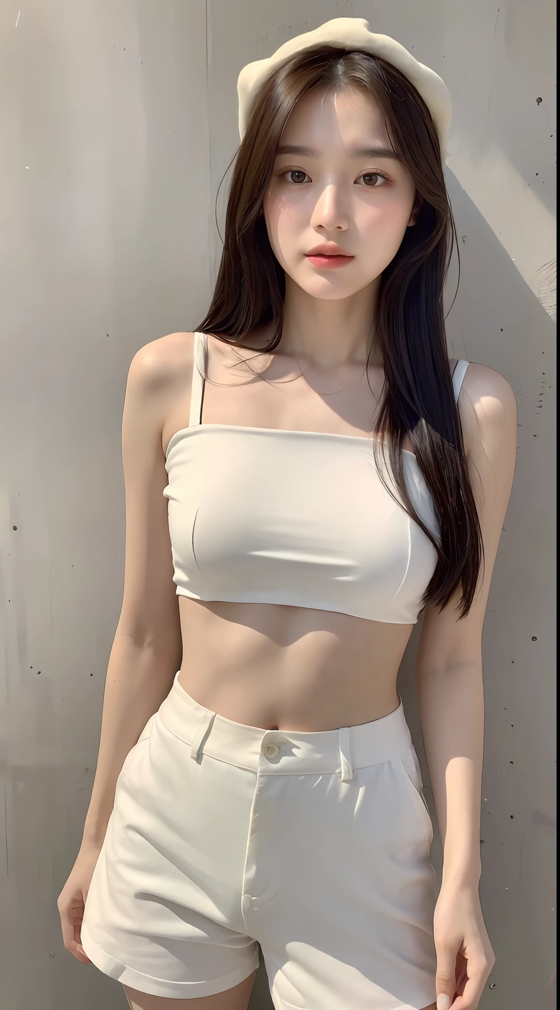 ((Best Quality, 8K, Masterpiece: 1.3)), (Flower Cap: 1.3), Focus: 1.2, Perfect Body Beauty: 1.4, Buttocks: 1.2, (Layered Haircut: 1.2)), (Dark Street: 1.3), Highly Detailed Face and Skin Texture, Full Body, Delicate Eyes, Double Eyelids, Whitened Skin, Long Hair, (Round Face: 1.5), (Loose Crop Top, Shorts: 1.6)