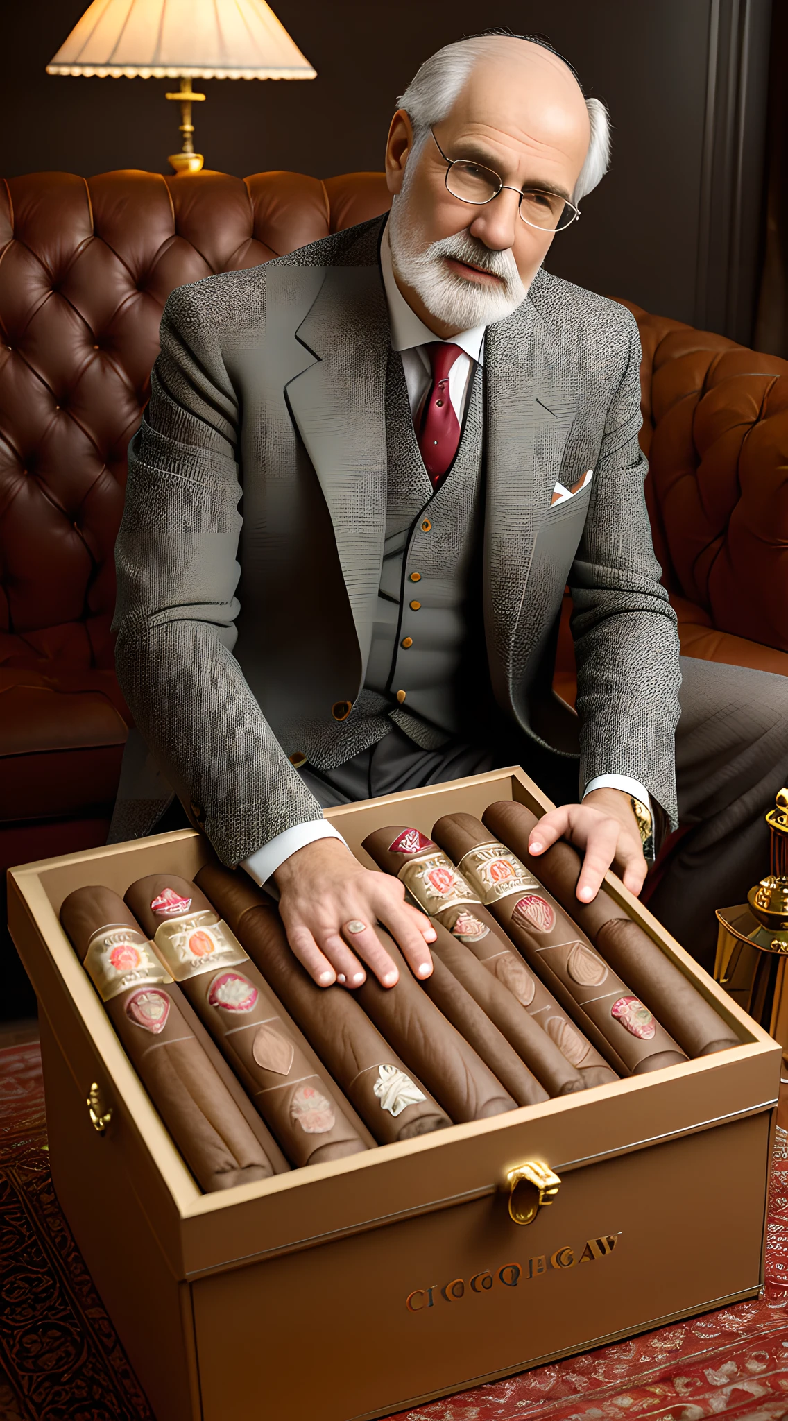 (best quality, ultra high res, CGI, official art:1.2), Sigmund Freud, contented, (flipping open a box of cigars:1.4), (early 20th-century attire:1.2), crisp white shirt, tweed jacket, backdrop of a vintage study, overflowing bookcases, elegant desk, soft glow from a table lamp, warm colors, peaceful atmosphere, side view, looking down at the box.