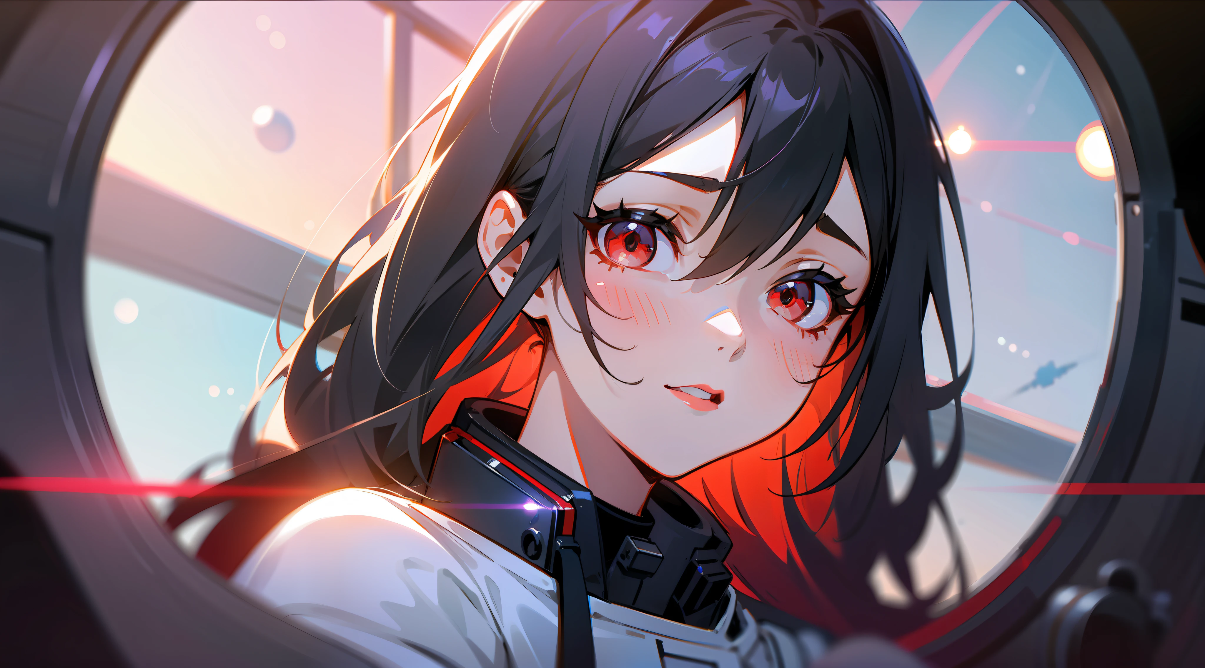 1girl, flat chest, cute, beautiful and detailed eyes, life on the space station, mirror props, shiny hair, visible through hair, hair between the eyes, white monochrome, , Soviet Union, communism, black hair, red eyes, vampires, girl, poor breasts, space suit: blurred foreground, HD, depth of field, bokeh, bust, medium shot, 56mm lens