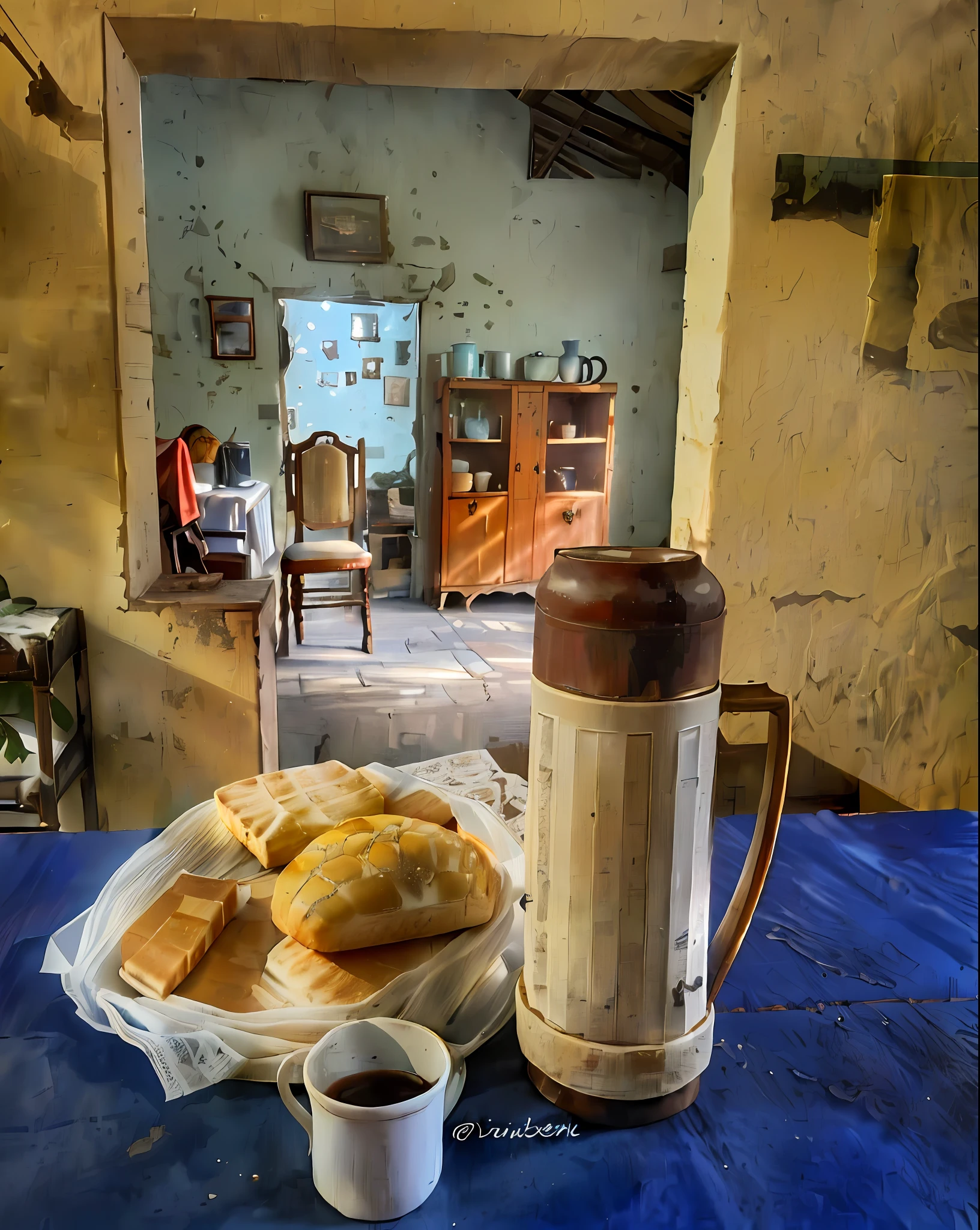 there is a table with a bowl of bread and a cup of coffee, late morning, breakfast at las pozas, cuban setting, by Dietmar Damerau, morning coffee, morning light, hard morning light, morning time, breakfast, inside house in village, morning atmosphere, by Ingrida Kadaka, morning sunlight, by Joe Bowler