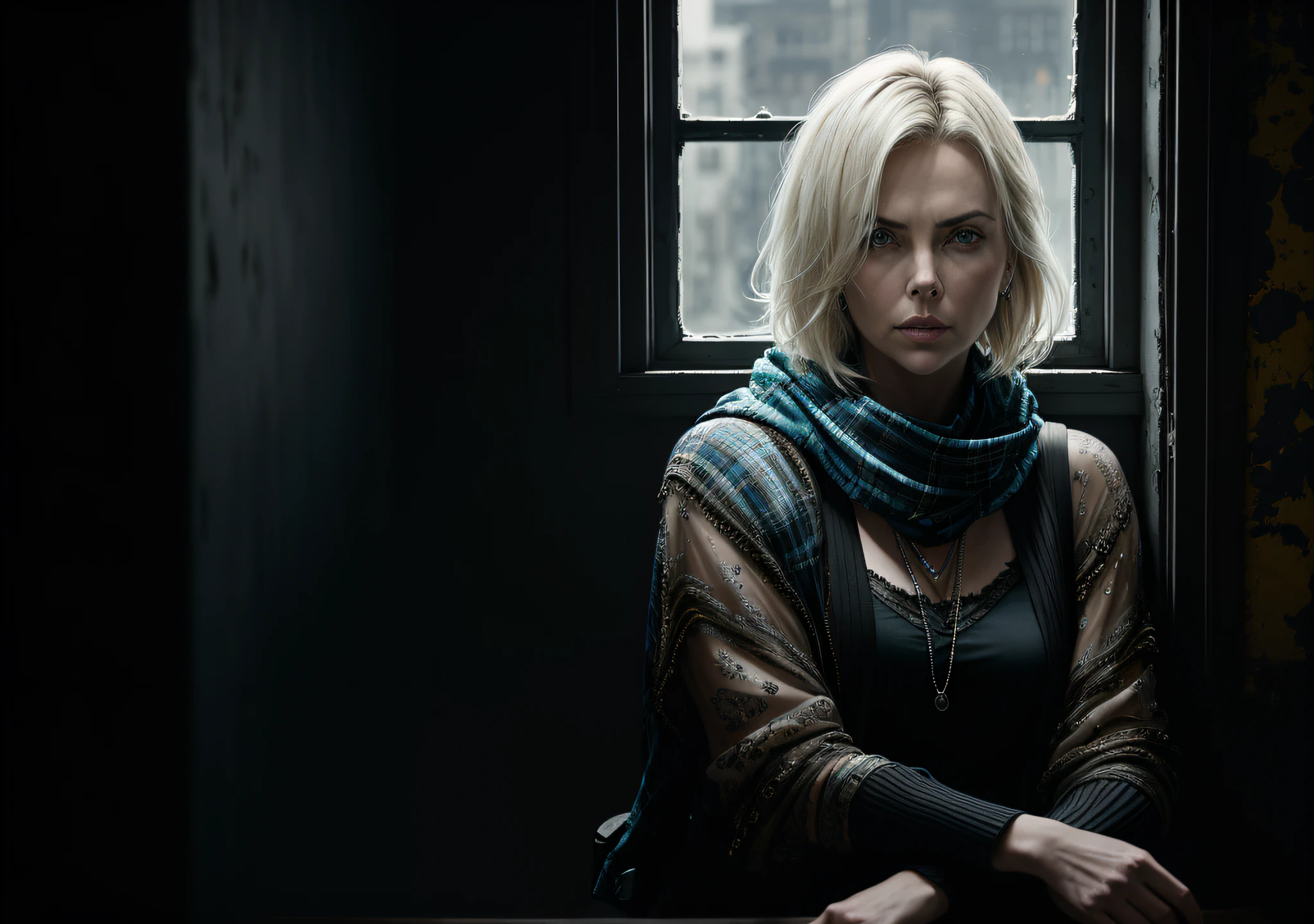 Actress Charlize Theron, dark photo: with the body covered, sitting in an old window, realistic epic, halo portrait, blue eyes, plaid scarf, white hair of Atey Ghailan, of Greg Rutkowski, of Greg Tocchini, of James Gilleard, of Joe Fenton, of Kaethe Butcher, yellow gradient, black, brown and magenta color scheme, grunge aesthetic!!! Graffiti brand wall background, art by Greg Rutkowski and Artgerm, soft cinematic light, Adobe Lightroom, Photo Lab, HDR, intricate, highly detailed, (depth of field: 1.4), faded, (neutral colors: 1.2), (HDR: 1.4), (soft colors:1.2), hyperdetailed, (Artstation:1.4), cinematic, warm lights, dramatic light, (intricate details:1.1), complex background, (Rutkowski:0.66), (blue and orange:0.4)