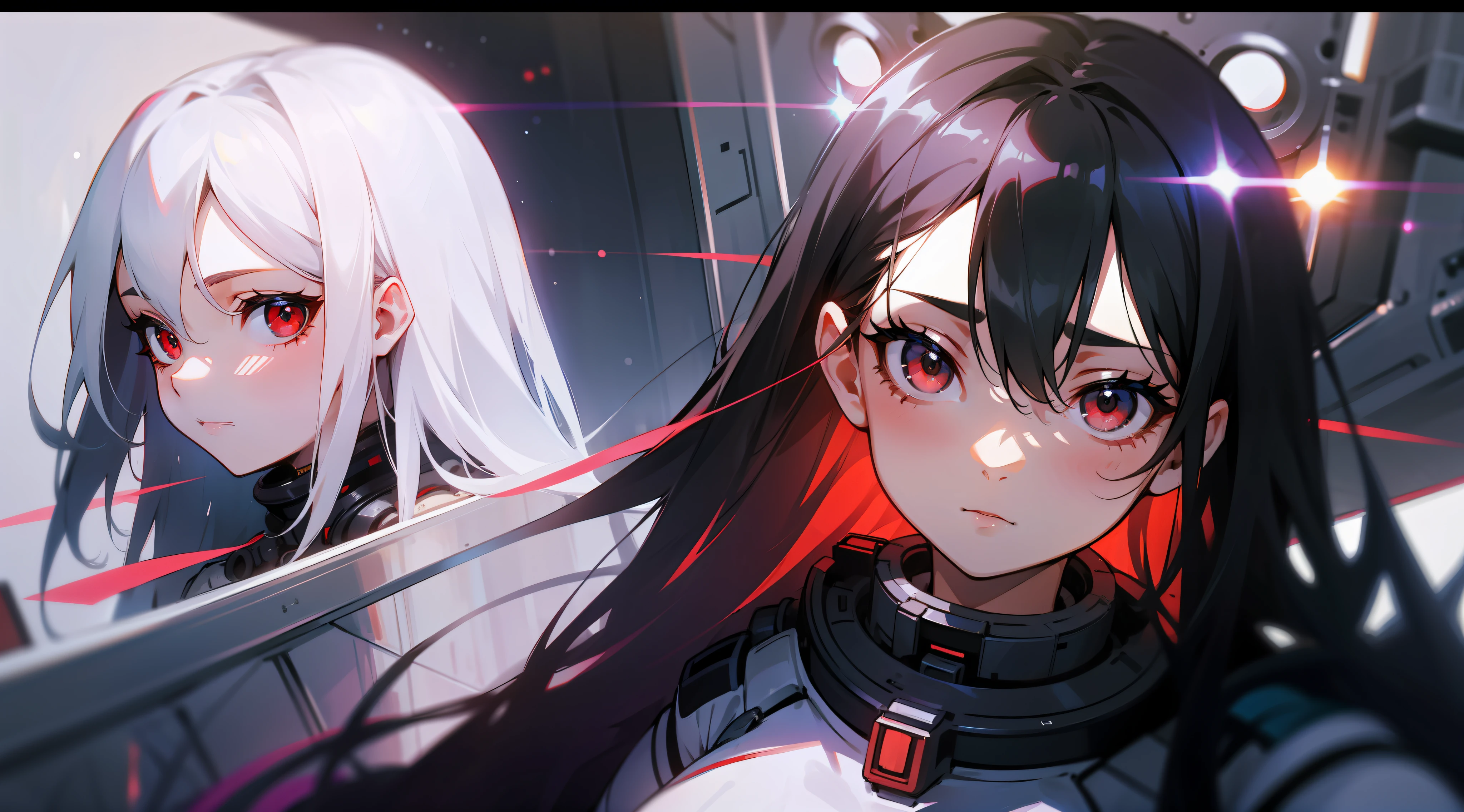 1girl, flat chest, cute, beautiful and detailed eyes, life on the space station, mirror props, shiny hair, visible through hair, hair between the eyes, white monochrome, , Soviet Union, communism, black hair, red eyes, vampires, girl, poor breasts, space suit: blurred foreground, HD, depth of field, bokeh, bust, medium shot, 56mm lens
