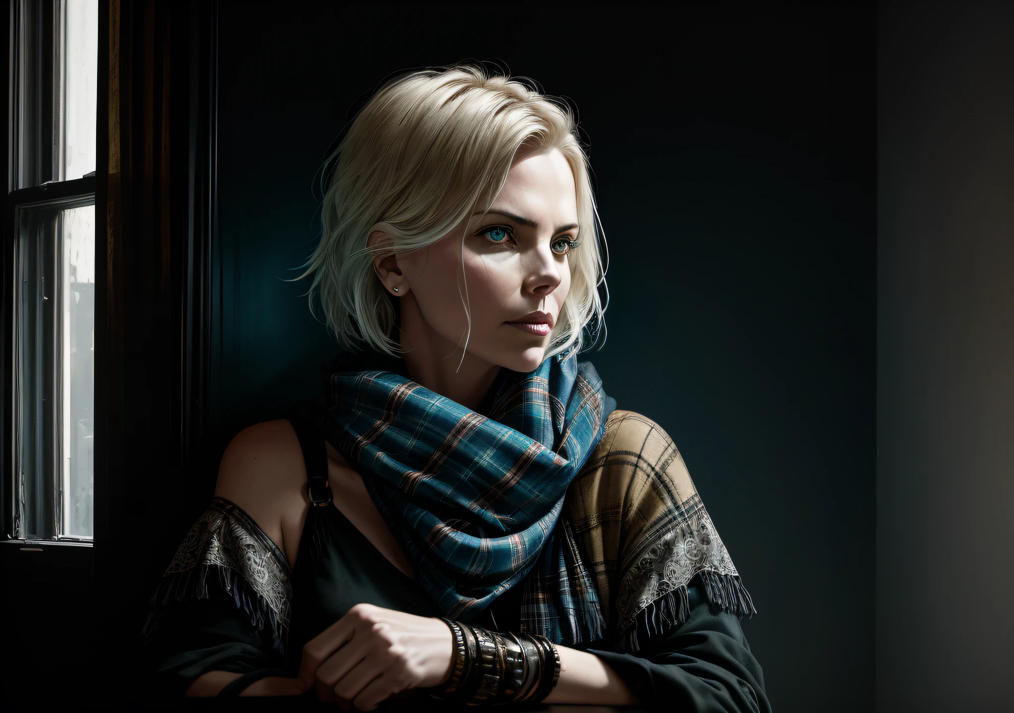 Actress Charlize Theron, dark photo: with the body covered, sitting in an old window, realistic epic, halo portrait, blue eyes, plaid scarf, white hair of Atey Ghailan, of Greg Rutkowski, of Greg Tocchini, of James Gilleard, of Joe Fenton, of Kaethe Butcher, yellow gradient, black, brown and magenta color scheme, grunge aesthetic!!! Graffiti brand wall background, art by Greg Rutkowski and Artgerm, soft cinematic light, Adobe Lightroom, Photo Lab, HDR, intricate, highly detailed, (depth of field: 1.4), faded, (neutral colors: 1.2), (HDR: 1.4), (soft colors:1.2), hyperdetailed, (Artstation:1.4), cinematic, warm lights, dramatic light, (intricate details:1.1), complex background, (Rutkowski:0.66), (blue and orange:0.4)