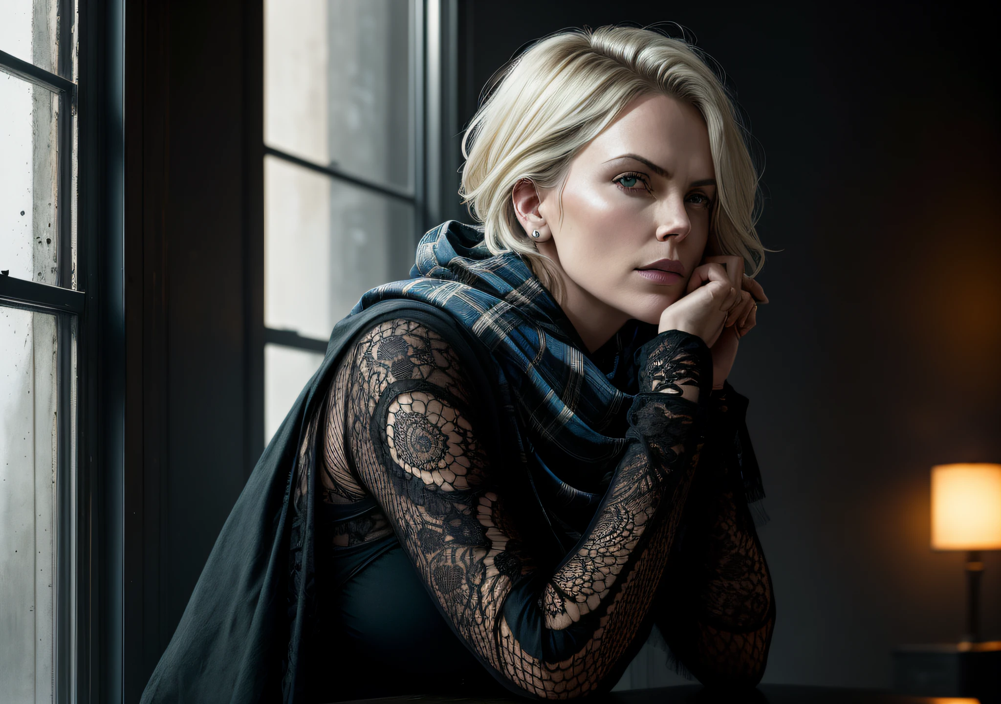 Actress Charlize Theron, dark photo: with the body covered, sitting in an old window, realistic epic, halo portrait, blue eyes, plaid scarf, white hair of Atey Ghailan, of Greg Rutkowski, of Greg Tocchini, of James Gilleard, of Joe Fenton, of Kaethe Butcher, yellow gradient, black, brown and magenta color scheme, grunge aesthetic!!! Graffiti brand wall background, art by Greg Rutkowski and Artgerm, soft cinematic light, Adobe Lightroom, Photo Lab, HDR, intricate, highly detailed, (depth of field: 1.4), faded, (neutral colors: 1.2), (HDR: 1.4), (soft colors:1.2), hyperdetailed, (Artstation:1.4), cinematic, warm lights, dramatic light, (intricate details:1.1), complex background, (Rutkowski:0.66), (blue and orange:0.4)