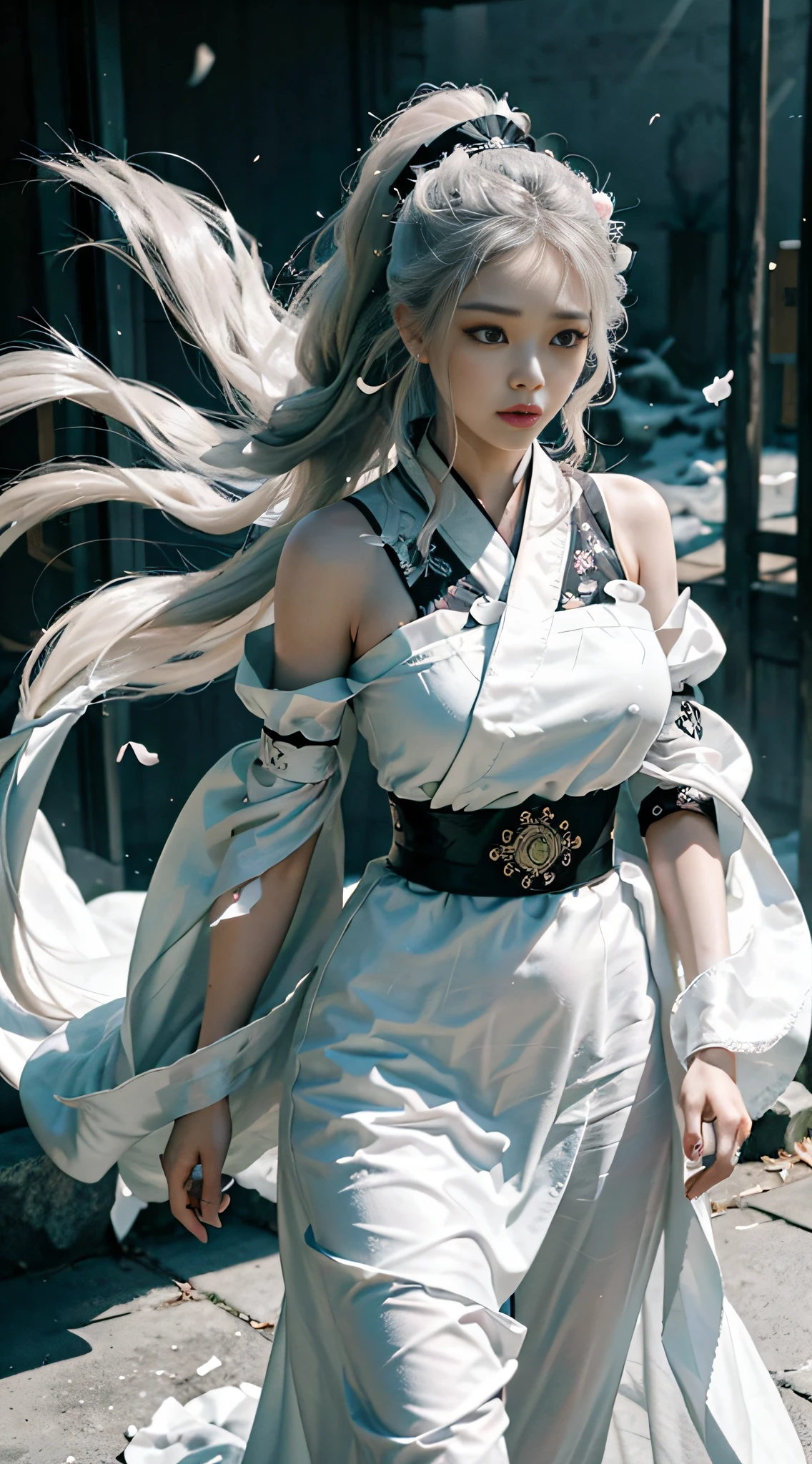 A girl, black and white Hanfu, black embroidery, white ponytail long hair, long hair flowing, white hair, white veiled scarf, face scarf fluttering in the wind, fringed hair ornaments, peony, ancient style, wide robe with big sleeves, dynamic pose, dramatic composition, petals falling, red belt, ancient architectural background, complex background, cloud and mist entanglement, fairy background, cloudy fog, movie lighting,