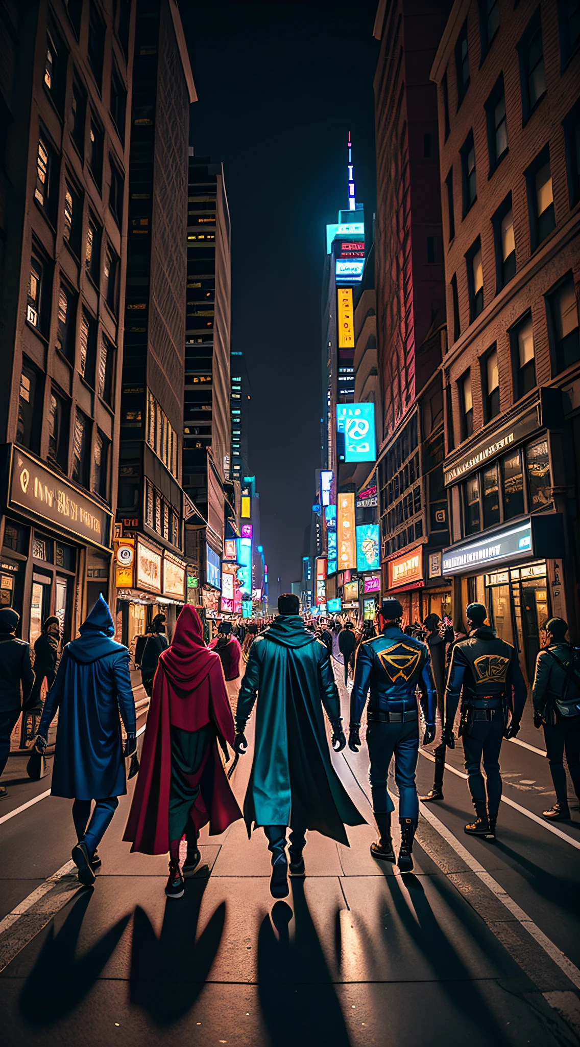 araffes in the middle of a city street at night, hero pose colorful city lighting, vfx powers at night in the city, superheroes, travelers walking the streets, wandering in the city, crowded city, standing in a city street, crowded street, standing in the streets, nighttime in gotham city, dressed in a blue cloak, cinematic 4k wallpaper