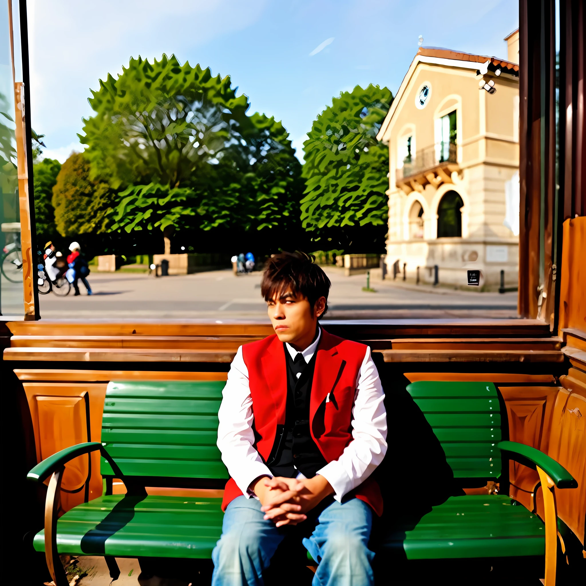 Images of a lonely man in different situations, such as sitting on an empty bench in a park, looking out the window at an empty café