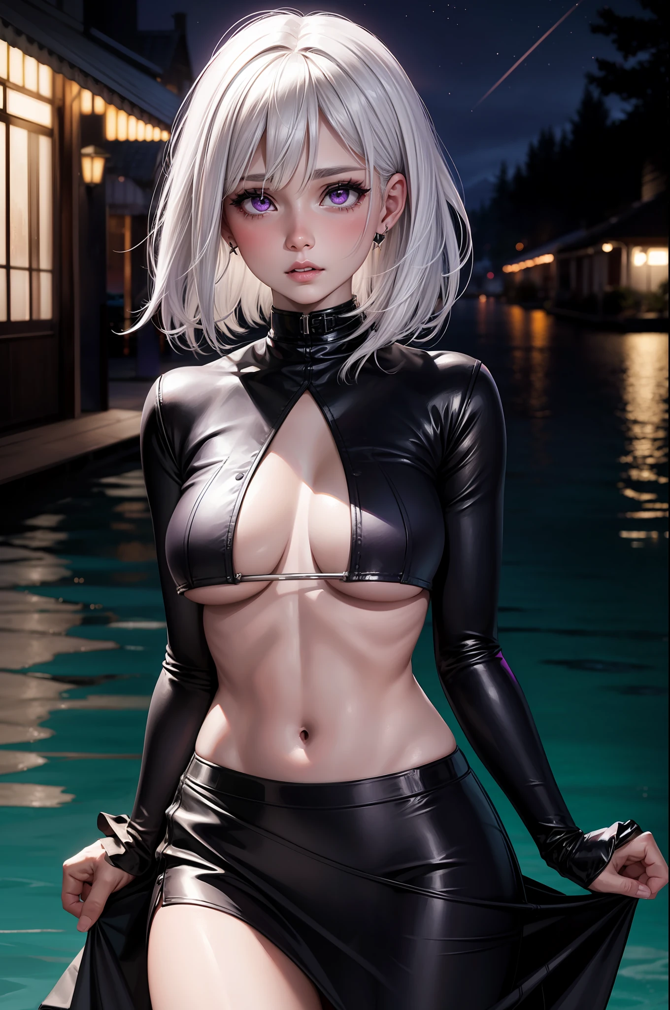 realistic, 1girl, white hair, purple eyes, glowing eyes, crop top, (underboobs:1.2), skirt, parted lips, blush, night, sun, sunlight, sea village, sea at night, night sky, port