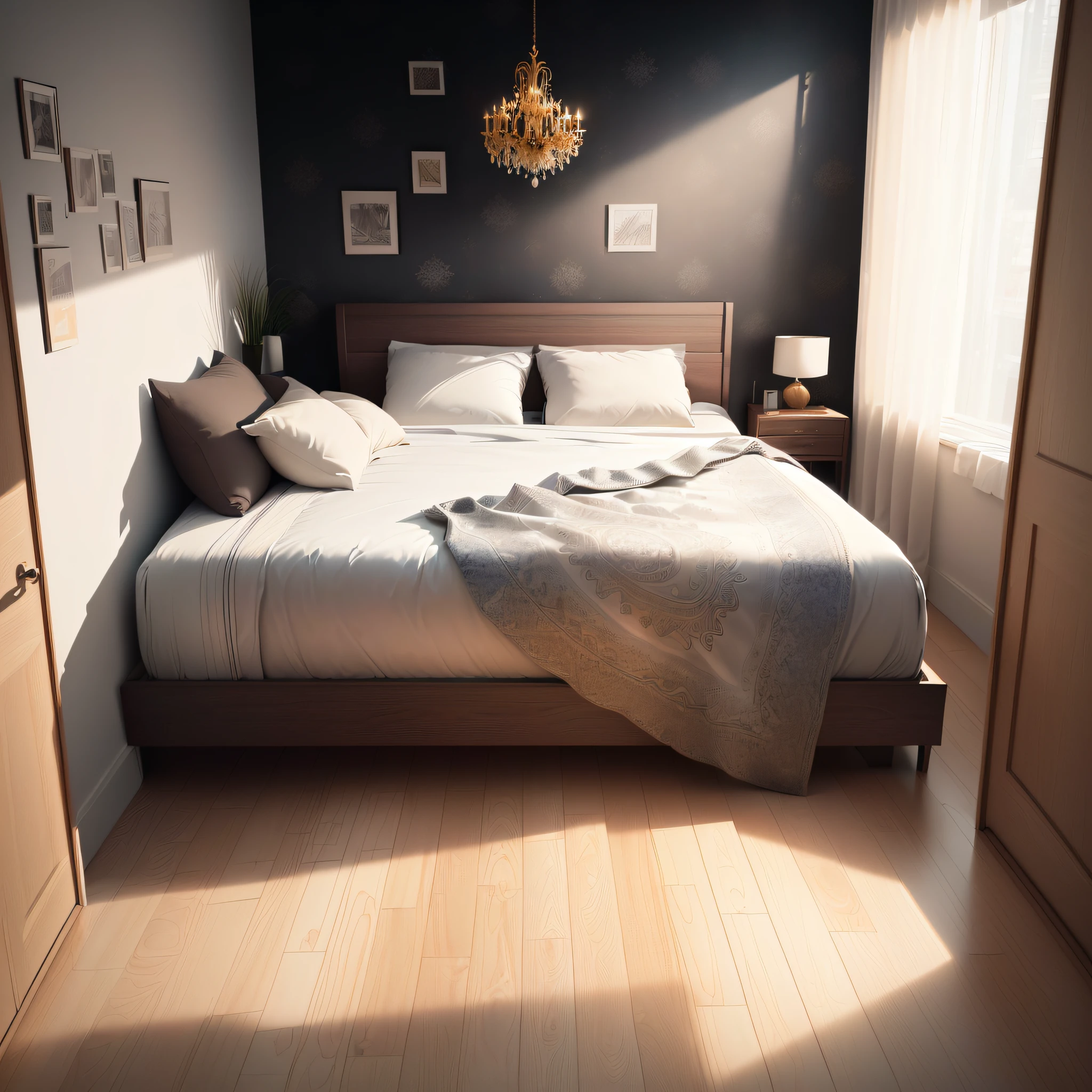 (extremely detailed CG unity 8k wallpaper, masterpiece, best quality, ultra-detailed), minimalistic decoration style, high resolution, bedroom, (decorative drawings, reference drawings), clean and elegant ambiance, wide shot.