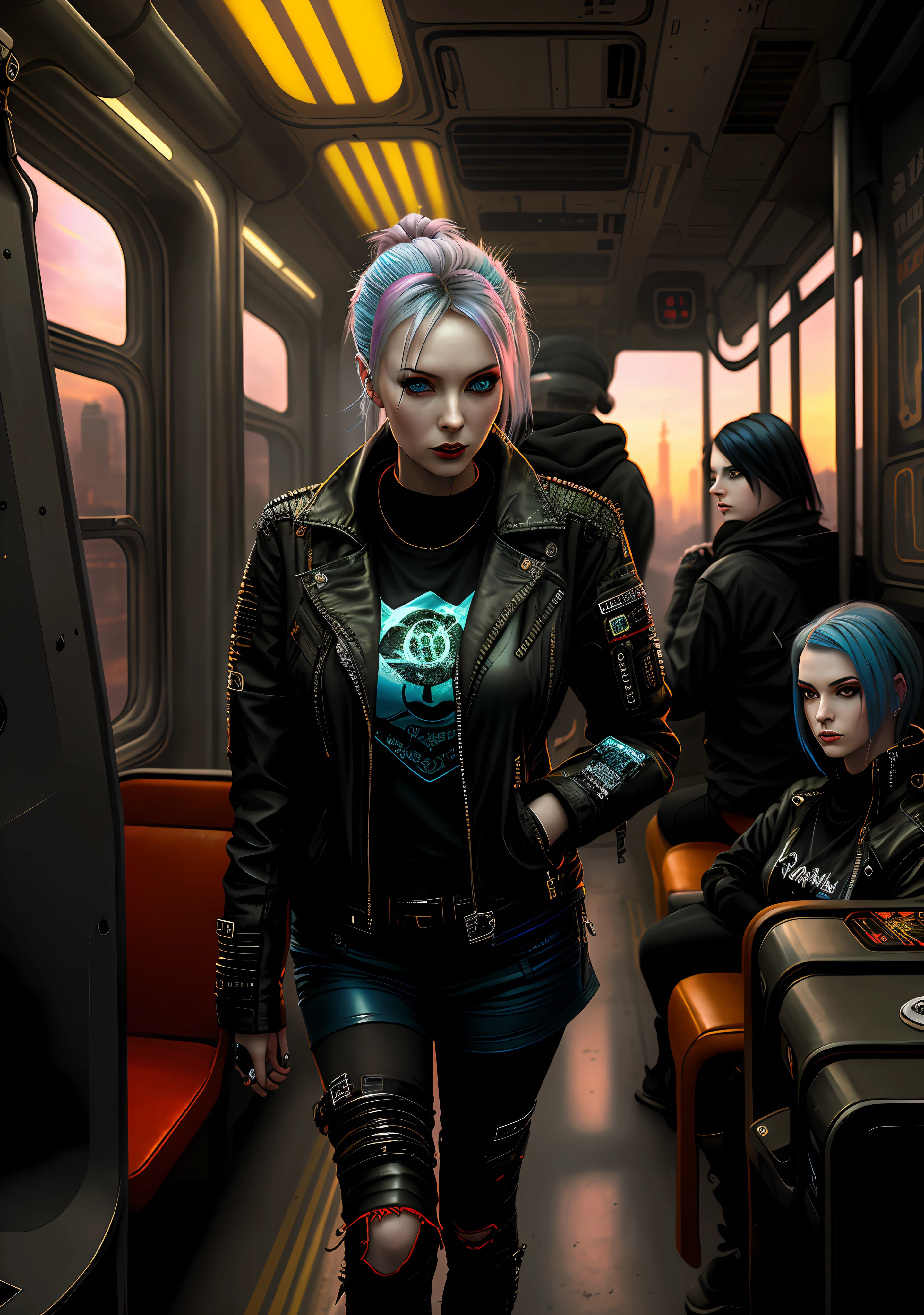 There is a sexy woman in a leather jacket standing on a bus, blue chanel hair, colored hair, gothic chenel hair, gothic, gothic subculture, cyberpunk styles, hyper-realistic, portrait of a age female punk woman, cyberpunk Soviet style, Alexey Egorov, stylized urban fantasy art, dressed in punk clothes, in cyberpunk style, inspired by Stefan Koidl, hyper-realistic cyberpunk style, style 8 0's Tomasz Alen Kopera