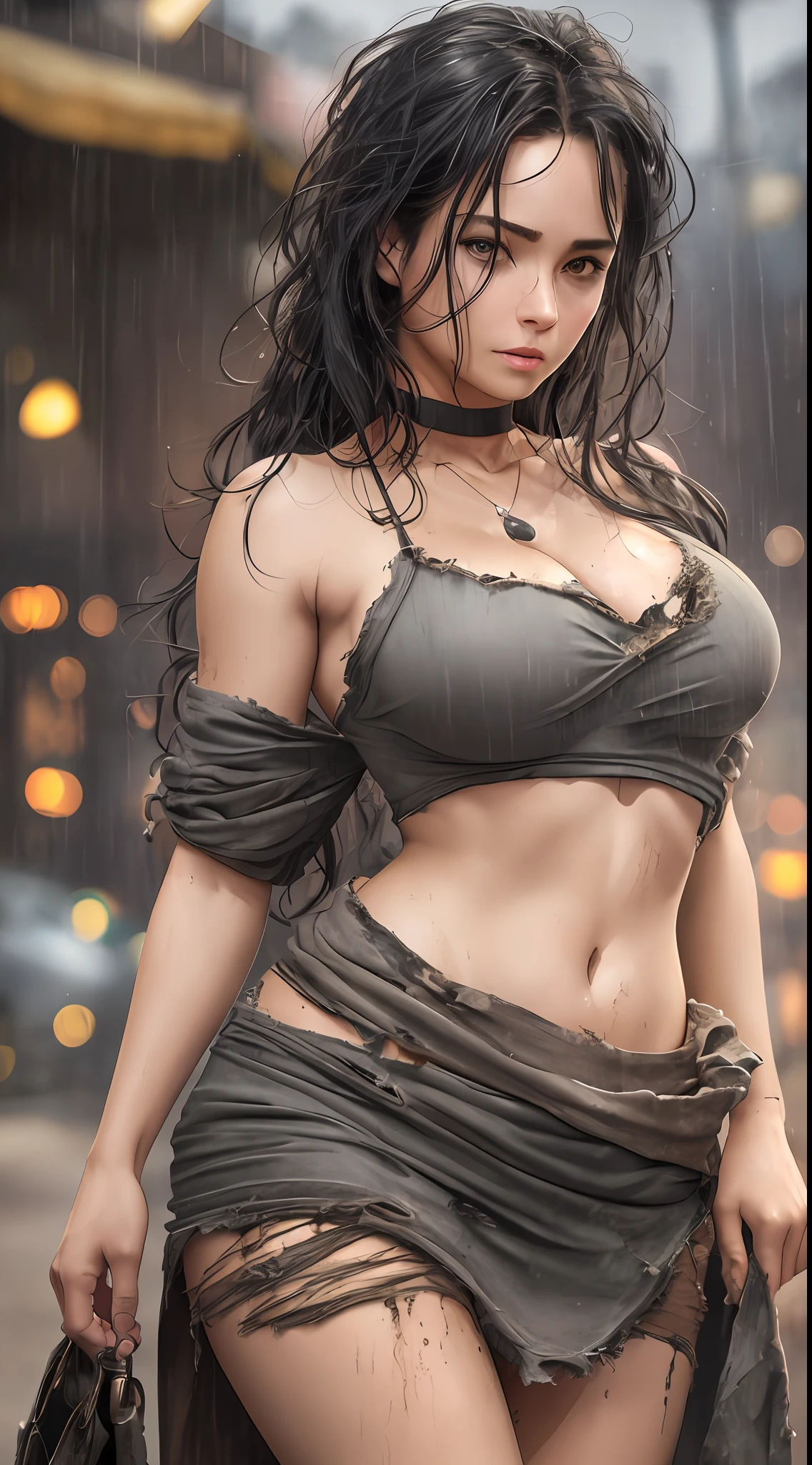 In a dirty marketplace stands a young dirty woman. A storm is approaching in the sky. (It's raining heavily). ((She wears dirty, worn, torn clothes)), belly-bare, off-the-shoulder, ((brown top)), ((gray long wrap skirt)), look)). (Masterpiece:1.2) (photorealistic:1.2) (Bokeh) (best quality) (intricate details) (8K) (High Poly) (Raytracing), (Sharp Focus), Belly button, groin, Inguinal tendon, (little light), Dark, in the shade, (She has dirty skin), (dirty sexy), (dirty face), (dirty clothes), (disheveled wild black hair), Night Falls, voluptuous breasts --auto --s2