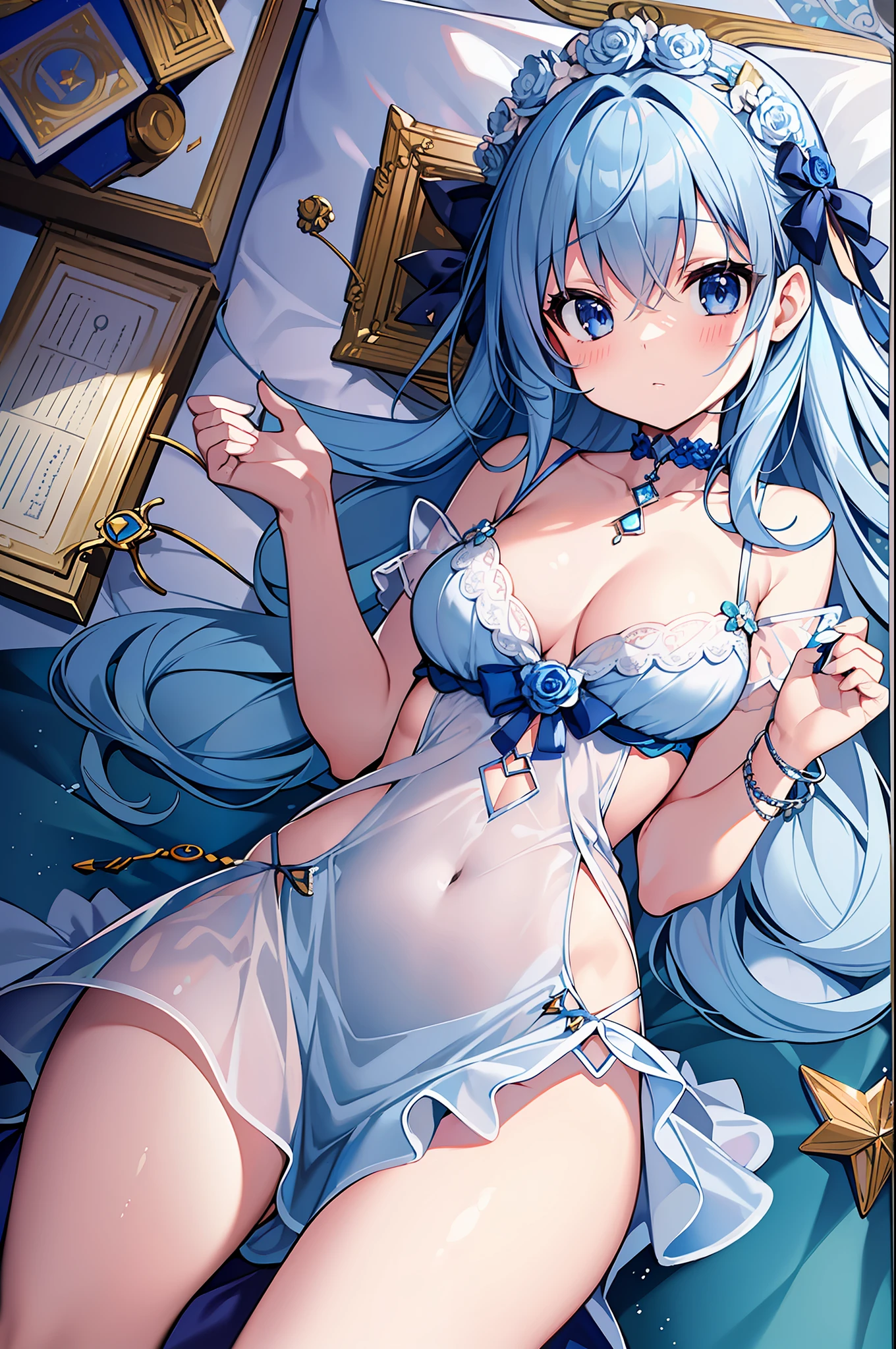 (MASTERPIECE), (Best Quality), (Super Detail), Official Art, One Girl, Lori with pale light blue hair, Petite little girl, Loli, Blue and silver see-through dress, Sleeveless, Off shoulder, Small, Very small breasts, Small, Cleavage, Thigh focus, Navel out, Bare skin in the lower half of the chest, Card illustration, Bedroom