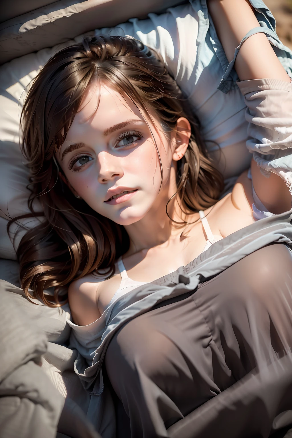 (Emma watson), a young dirty woman lies on a simple flatbed. ((She's sleeping)) A storm is approaching in the sky. ((She wears dirty, worn, torn clothes)), belly-bare, ((gray torn top)), ((brown soiled skirt)), ((sad look)). (Masterpiece:1.2) (photorealistic:1.2) (best quality) (intricate details) (8K) (High Poly) (Raytracing), (Sharp Focus), (Low Light), Dark, In the Shade, (She Has Dirty Skin All Over), (Dirty Face), (Dirty Face), (Dirty Clothes), (Soaking Wet Hair), (It's Night and Very Dark)