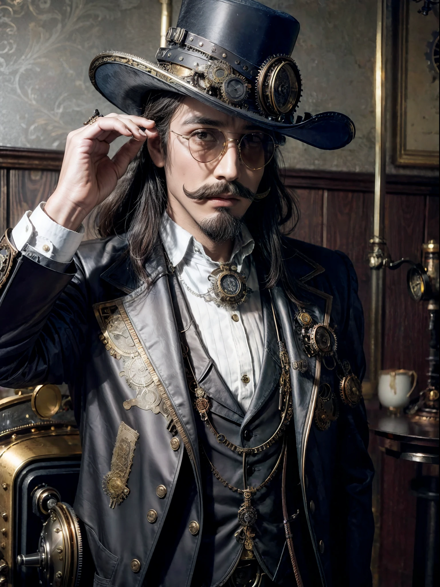 close up, gentelman in the hat and round steel gear, sunglasses, short mustache, victorian era, ((steampunk)), cinematography, crafted, elegant, meticulous, magnificent, maximum details, extremely hyper aesthetic, intricately detailed, Hippie Glasses Retro Round Metal