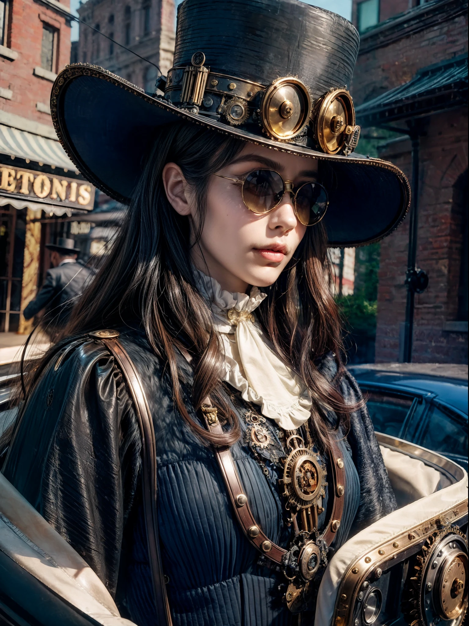 close up, gentelman in the hat and round steel gear, sunglasses, short mustache, victorian era, ((steampunk)), cinematography, crafted, elegant, meticulous, magnificent, maximum details, extremely hyper aesthetic, intricately detailed, Hippie Glasses Retro Round Metal