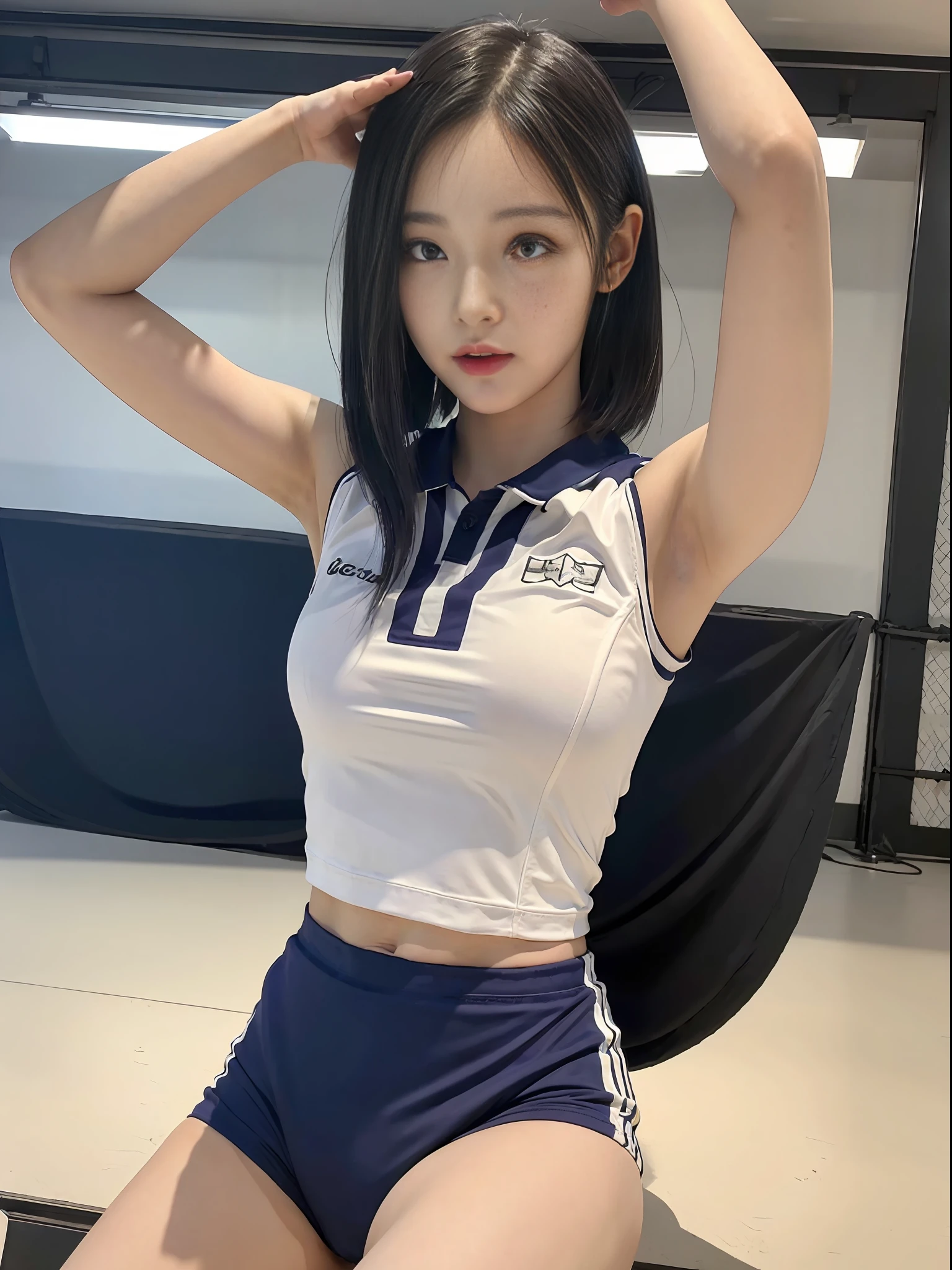 Top quality, 8k, masterpiece: 1.3)), selfie, pretty woman with perfect figure: 1.4, volleyball uniform, highly detailed face and skin texture, detailed eyes, double eyelids, full body image, hands raised and folded behind the head, show armpits