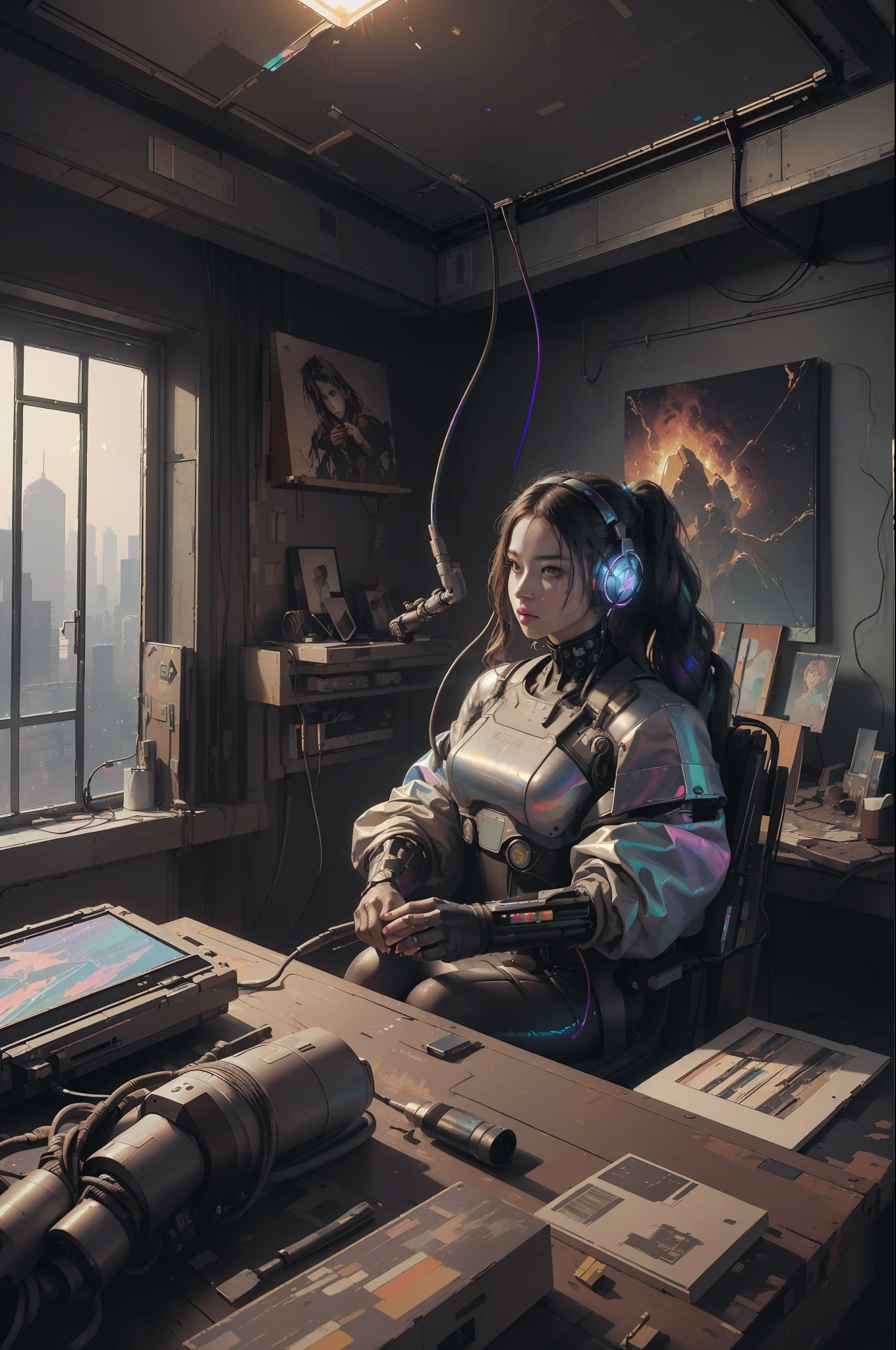 (masterpiece, best quality, highres, absurdres, detailed:1.2), humanoid, robot, wearing headphones, looking away, (cyberpunk, art canvas, paint brush, easel, iridescent, holographic: 1.6), (cables, wires, flames, fire, smoke, overheat, explosion, indoors, room, simple background)