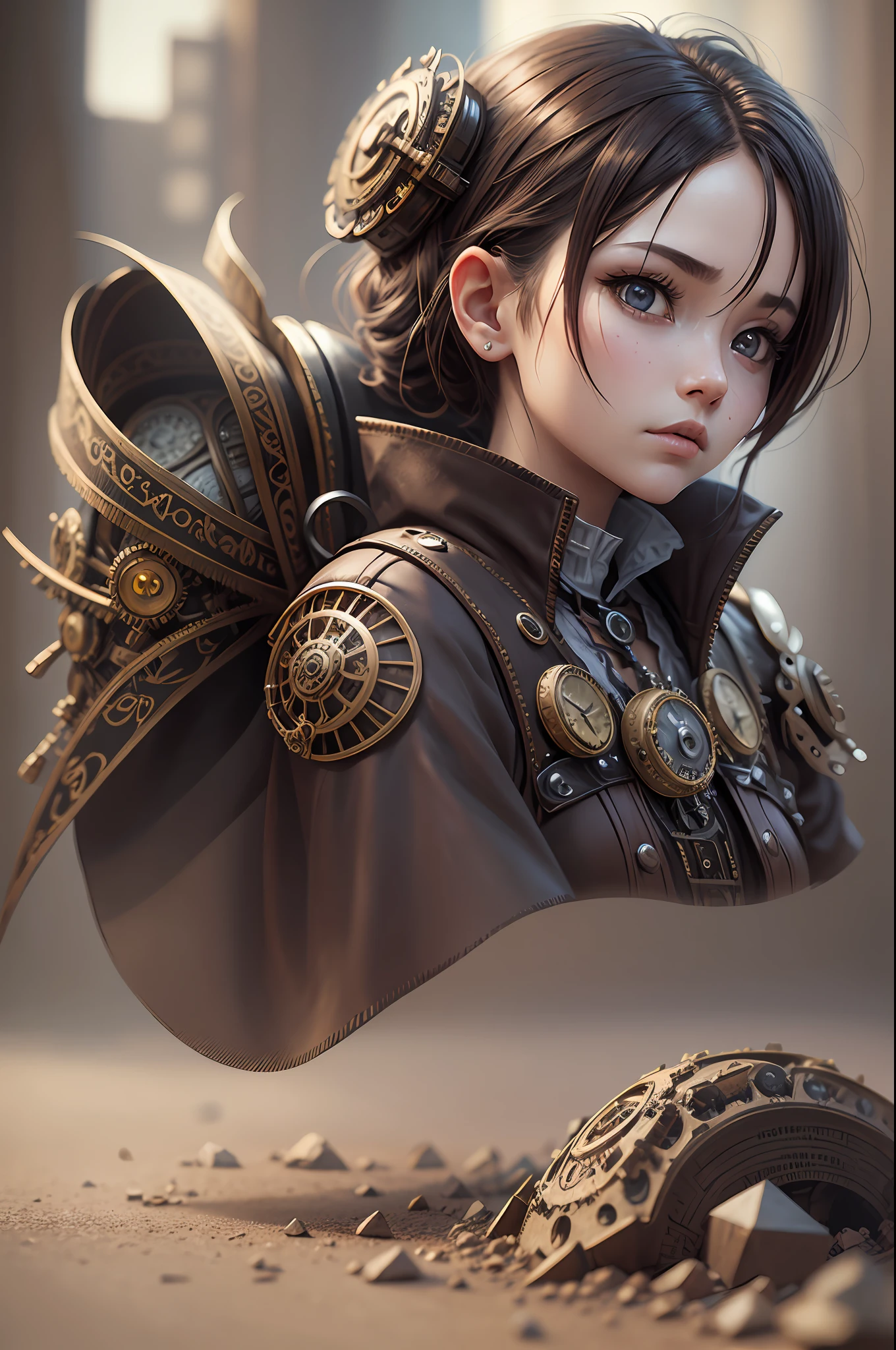 Steampunk style chibi model, ultra realistic photo, short shot, intricate detailed illustration, best photo, "Fallen, stop blowing my mind" 8k