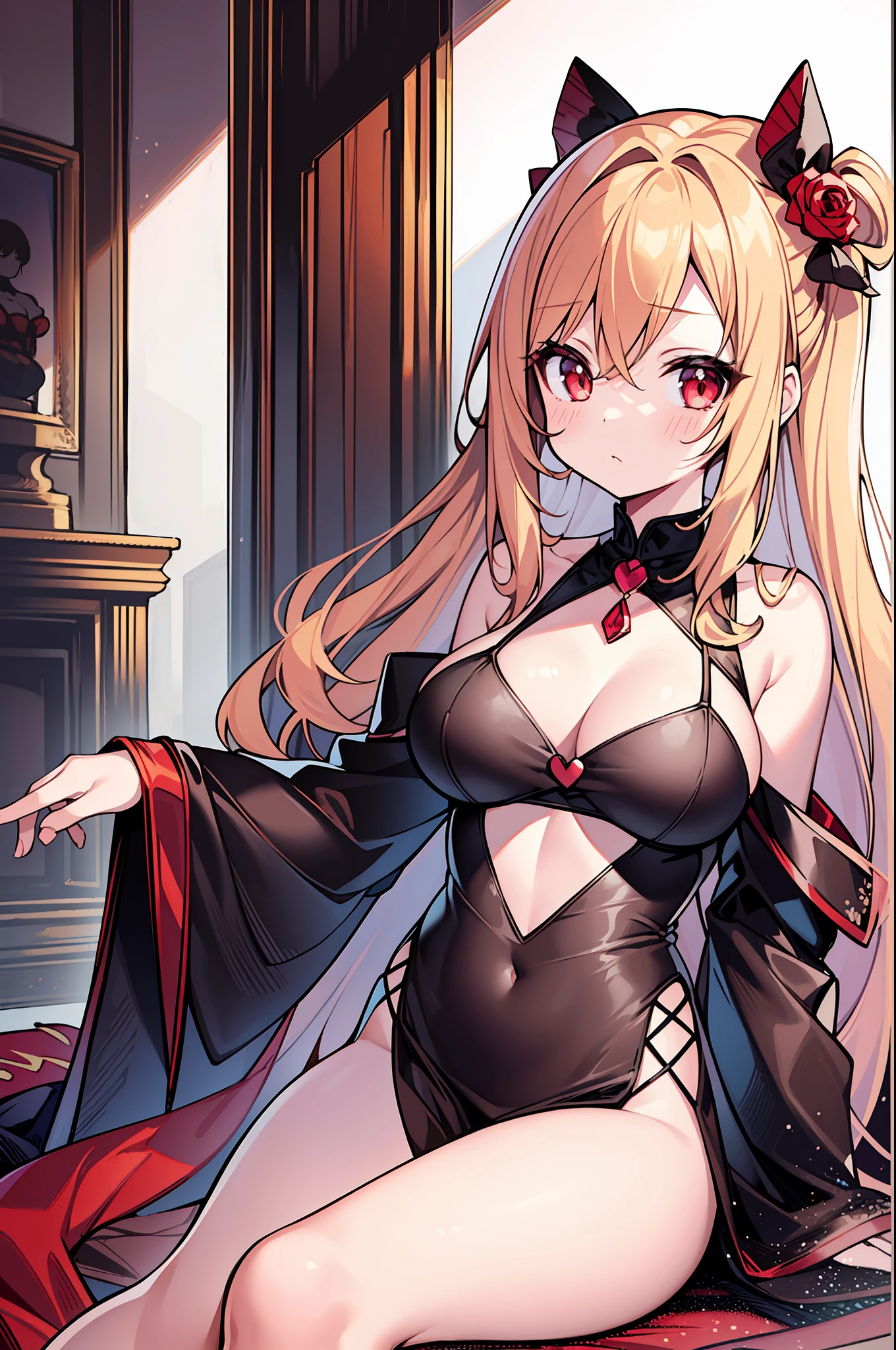 (MASTERPIECE), (Best Quality), (Super Detail), Official Art, One Girl, Lori with Pale Peach Hair, Petite Little Girl, Lori, Crimson and Black See-Through Dress, Sleeveless, Off Shoulder, Small, Very Small Breasts, Small, Cleavage, Thigh Focus, Navel, Lower half of the chest is bare skin, Card illustration, Fire