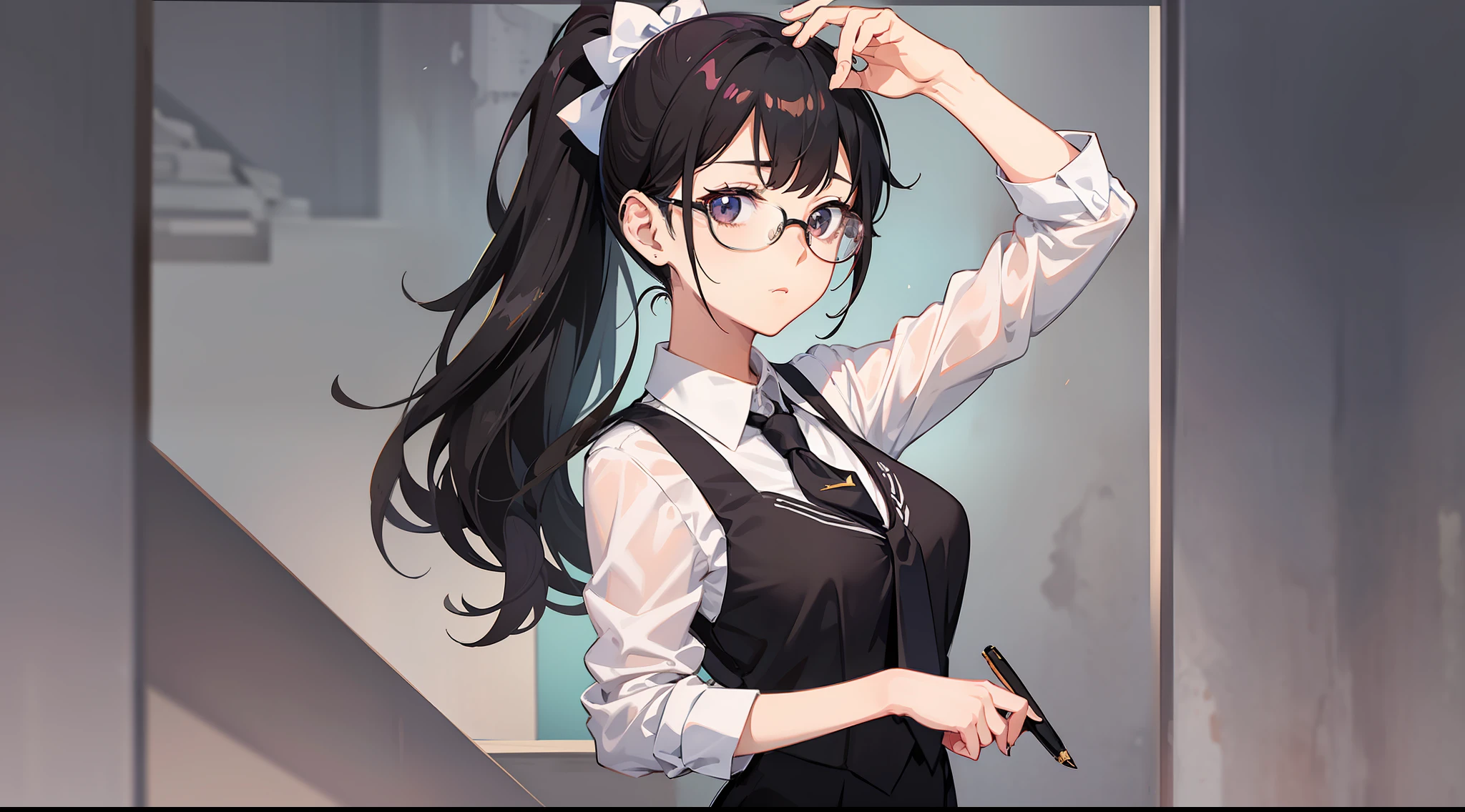 Anime girl, young teacher, black hair, high ponytail, medium body, white shirt, tie, square glasses, raise right hand, hold pen, character standing drawing, character drawing, character design, character illustration, bust drawing, leg above, three views, delicate facial features, delicate picture, (solid color background)