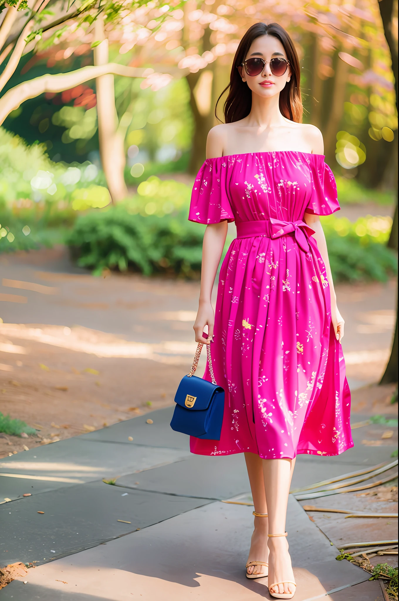 Off-shoulder printed dress, low-heeled sandals, high-waisted belt, sunglasses, handbag.