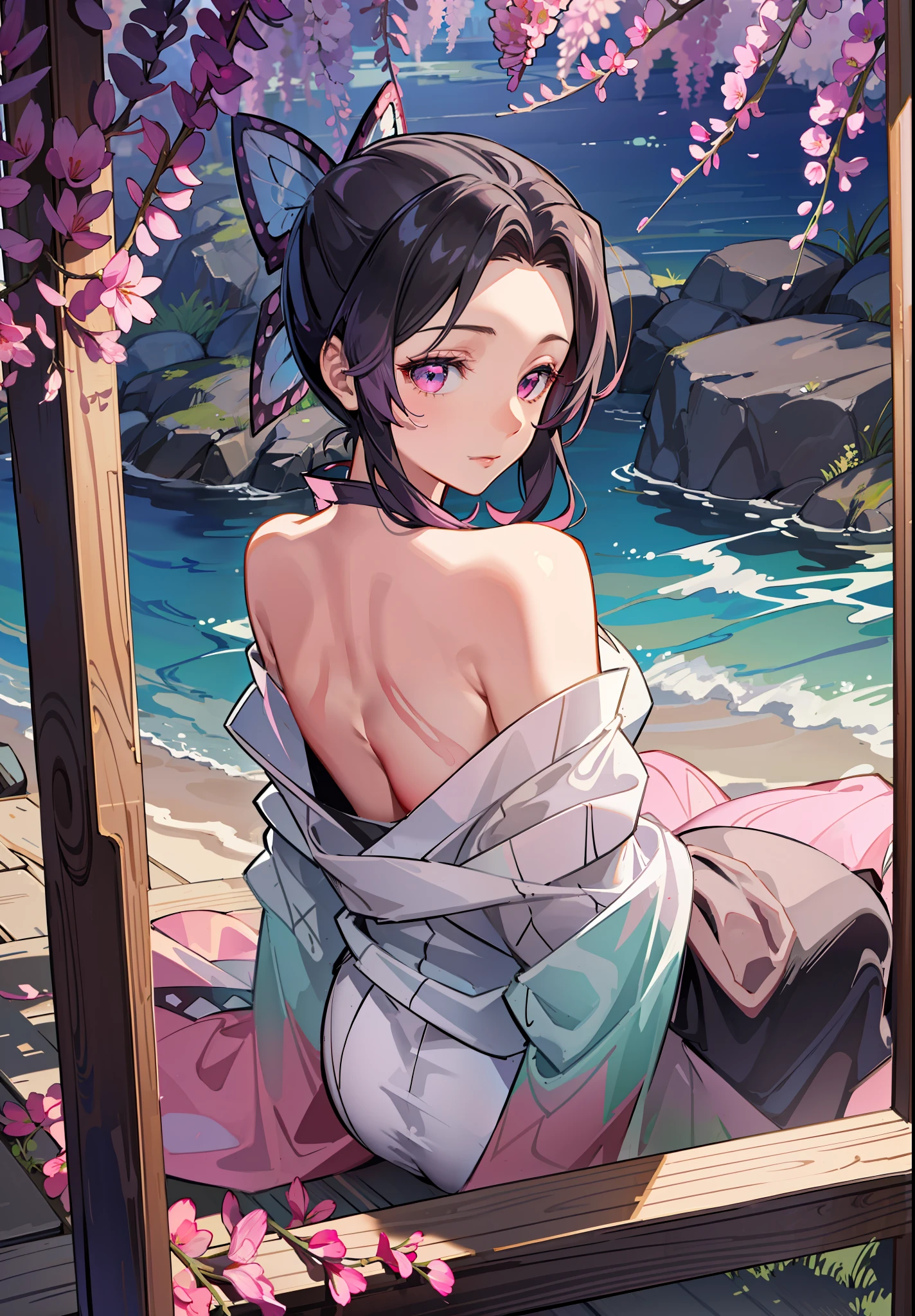 masterpiece, (pink kimono), seductive face, good lighting, décolleté, fine details, masterpiece, glowing eyes, 1girl, black hair, best quality, POV, whole body, wide hips,