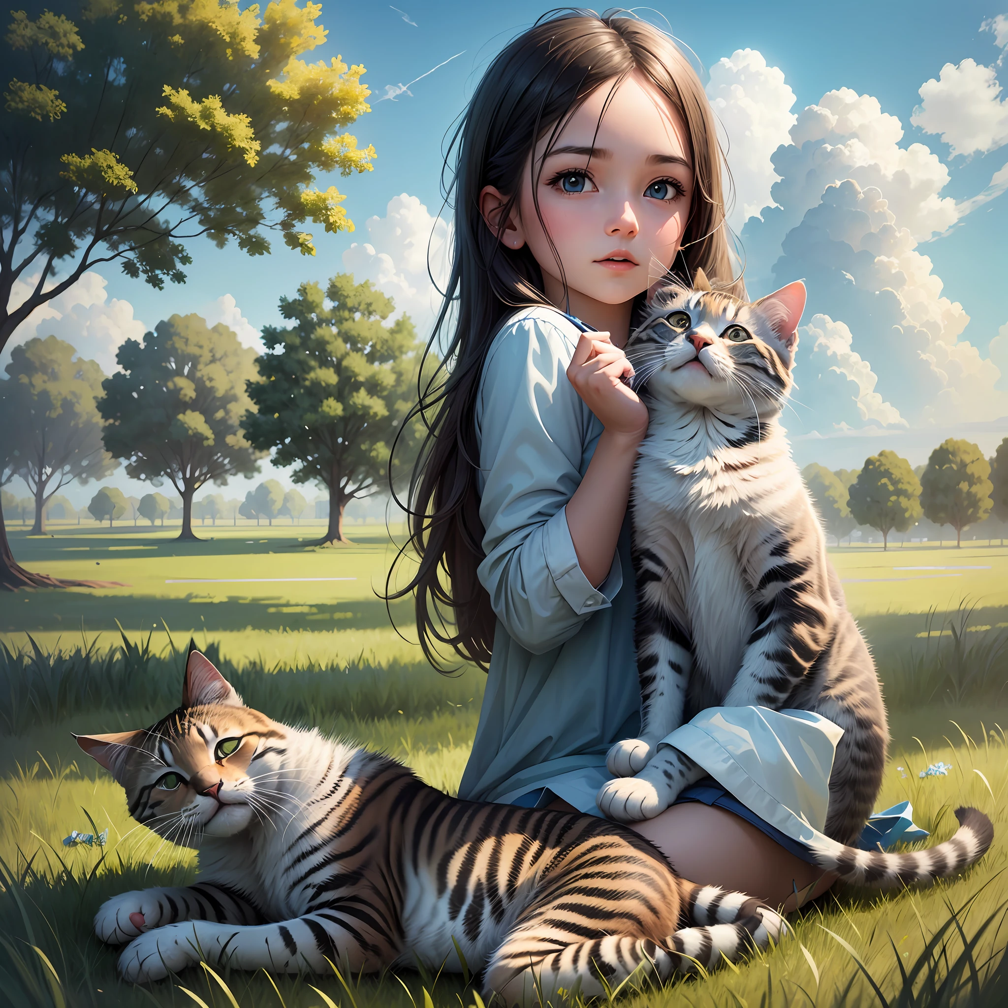 A girl playing in the grass, with a kitten, 4K, blue sky and white clouds, Tyndall effect